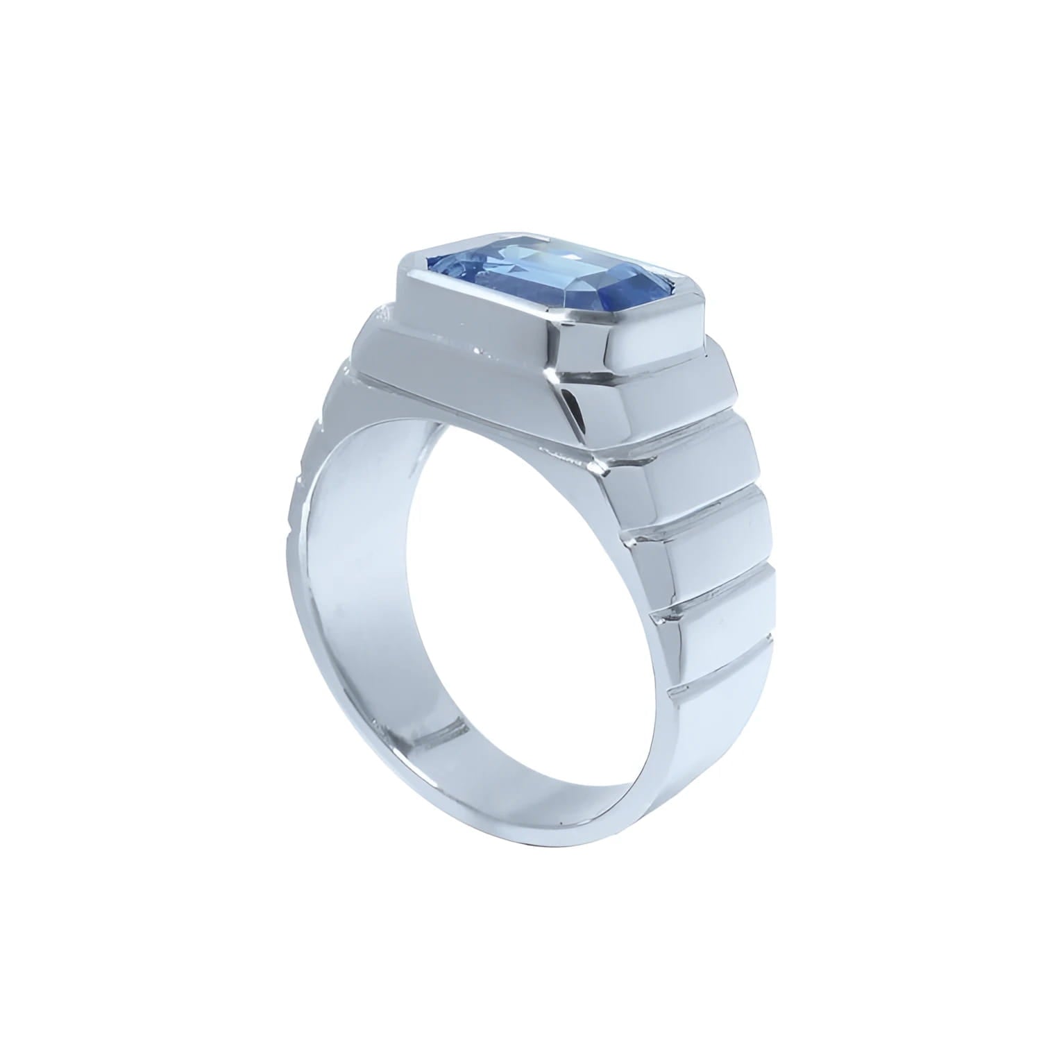 Men's 18K white gold ring with a bezel-set, emerald-cut vivid blue sapphire.