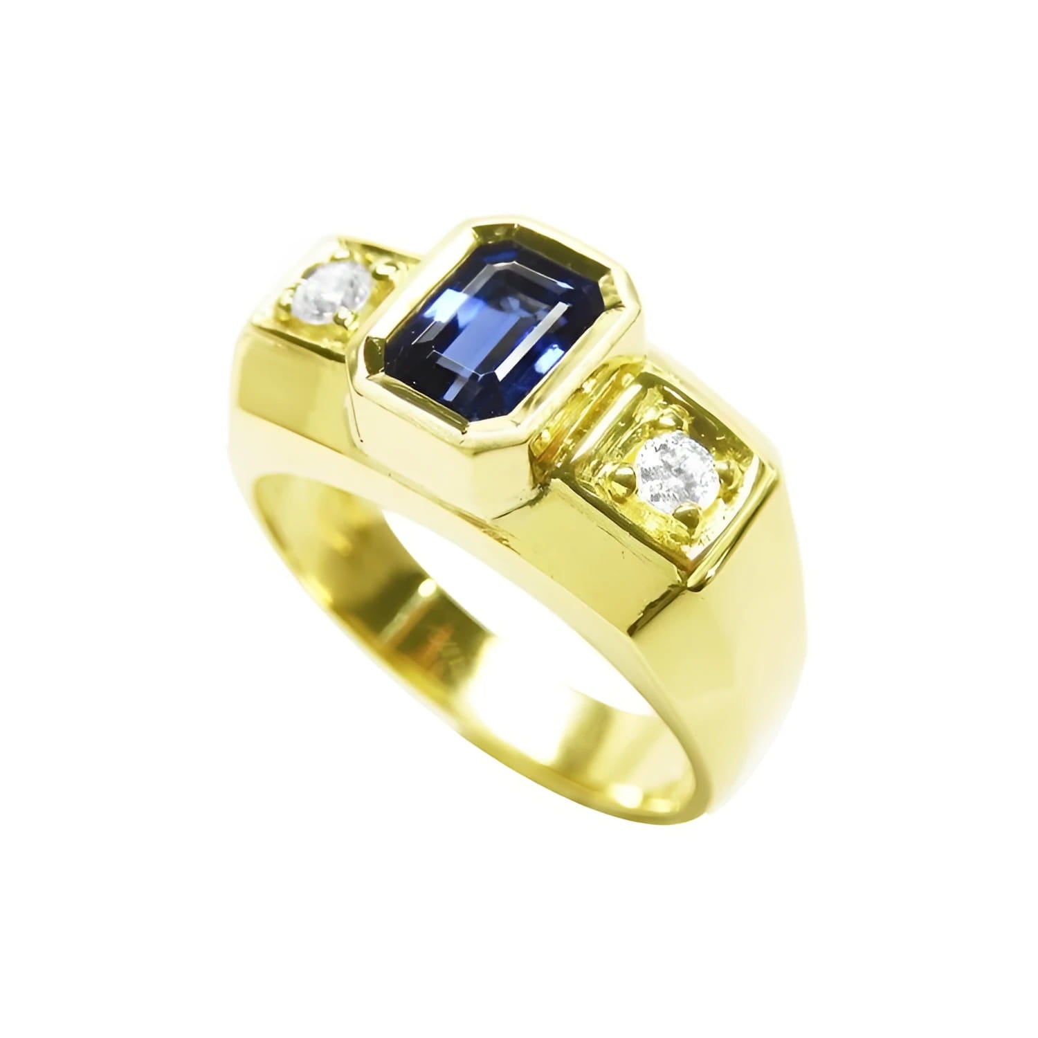 Men's 14K yellow gold ring with a bezel-set emerald cut blue sapphire and two round side diamonds.