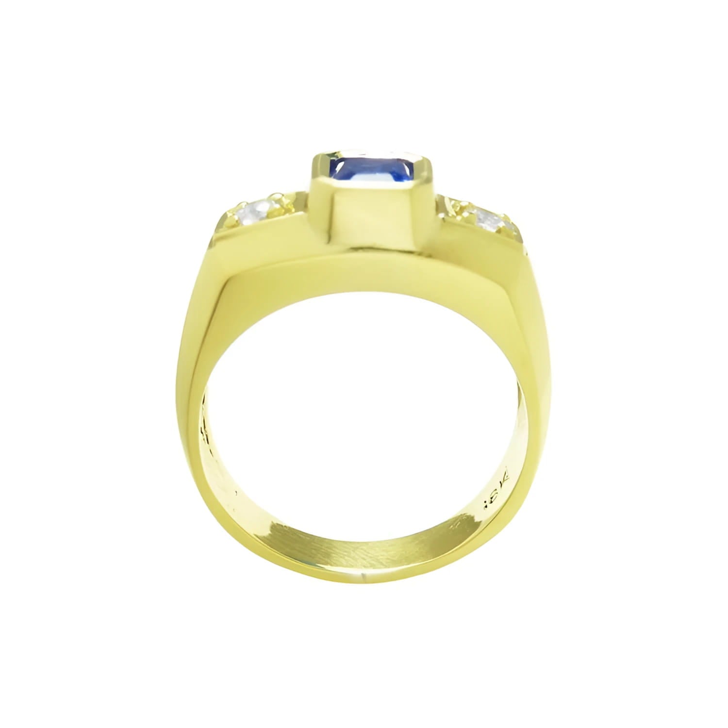 Men's 14K yellow gold ring with an emerald cut blue sapphire and two round side diamonds.