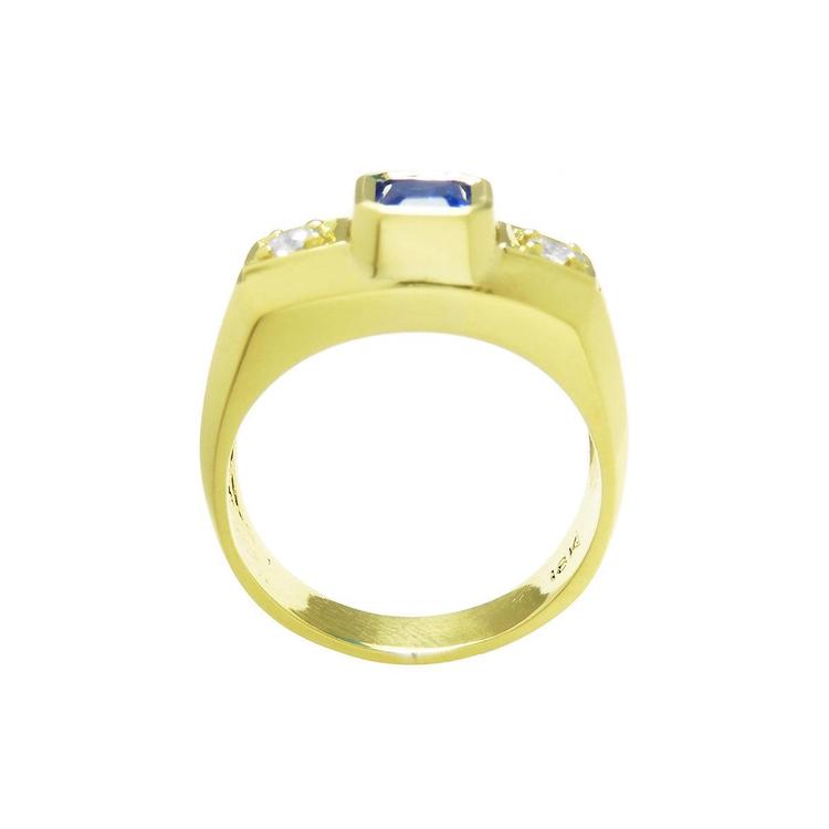 Men's 14K yellow gold ring with an emerald cut blue sapphire and two round side diamonds.