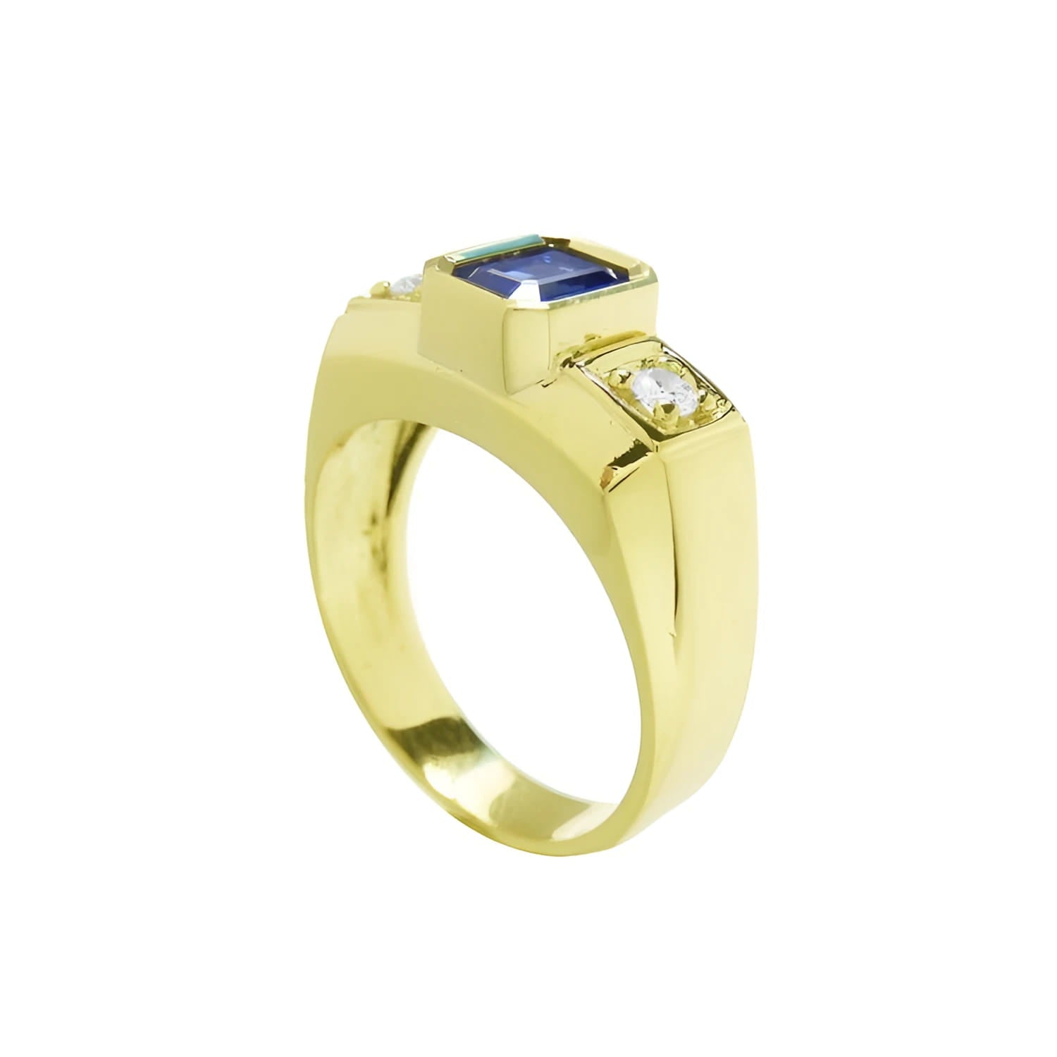 Men's 14K yellow gold ring with an emerald cut blue sapphire and two round side diamonds.