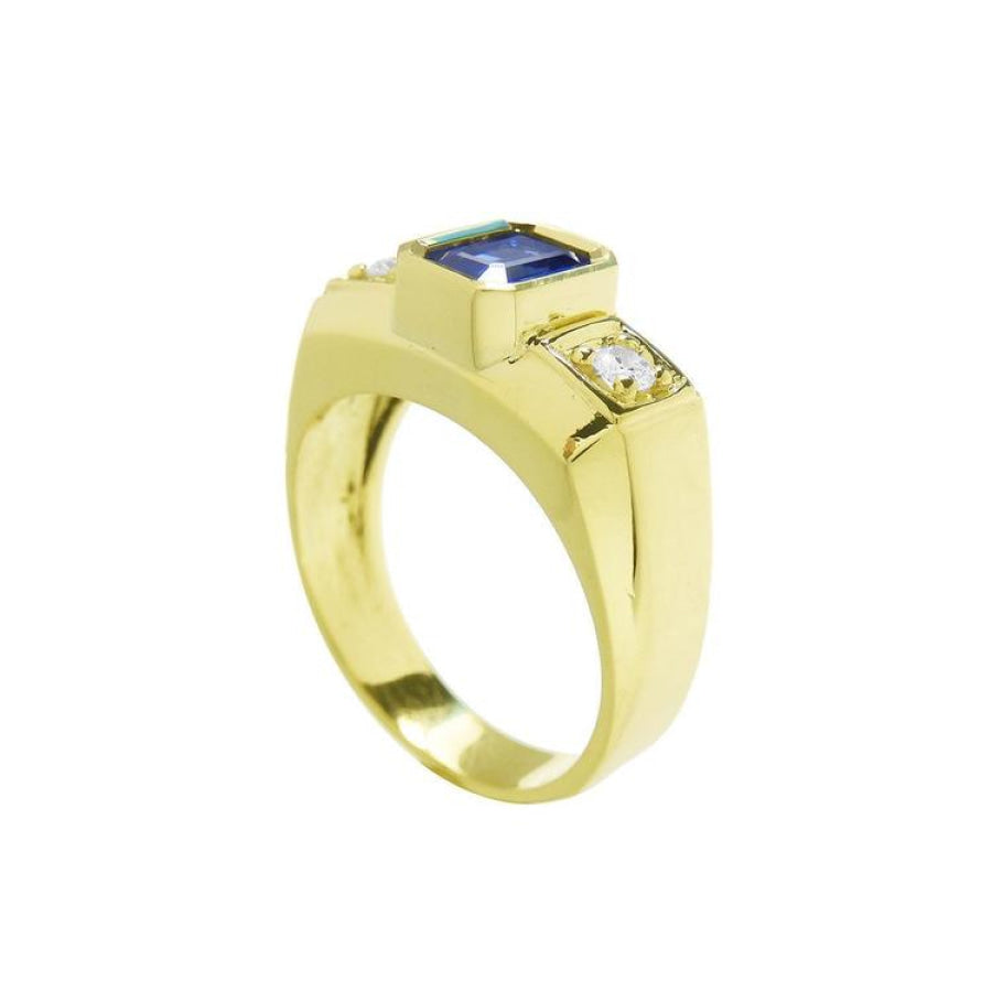 Men's 14K yellow gold ring with an emerald cut blue sapphire and two round side diamonds.