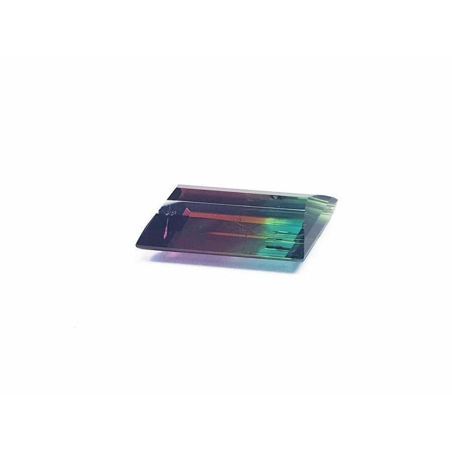 Fancy cut 8.30 carat Brazilian Watermelon Tourmaline gemstone with vibrant red-orange and bluish-green bicolor.