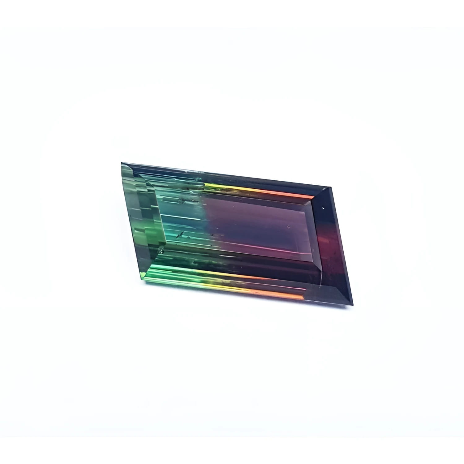 Fancy cut 8.30 carat Brazilian Watermelon Tourmaline gemstone with vibrant red-orange and bluish-green bicolor.