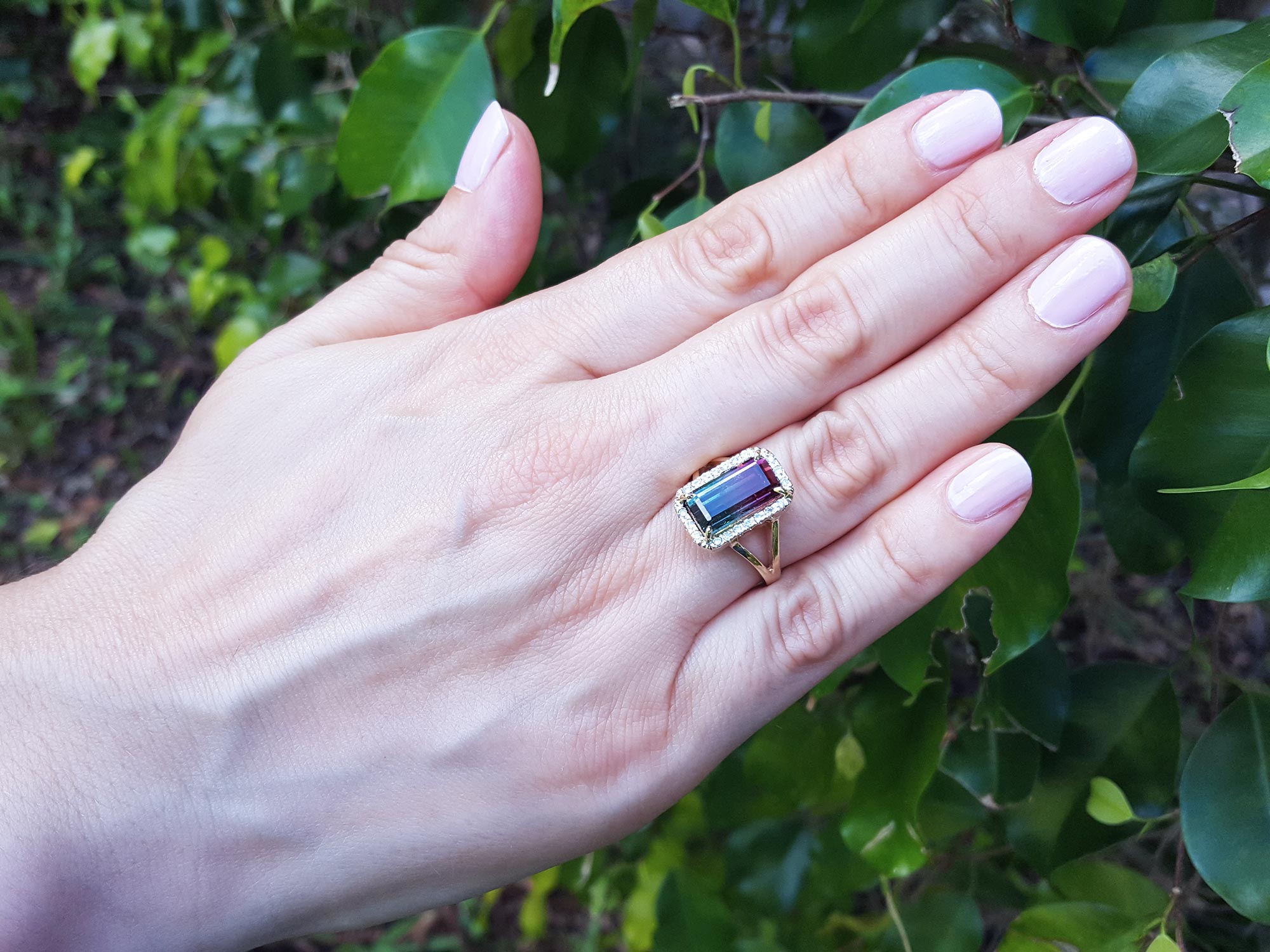 A woman&#39;s hand wearing a fine watermelon tourmaline ring against a leafy background.