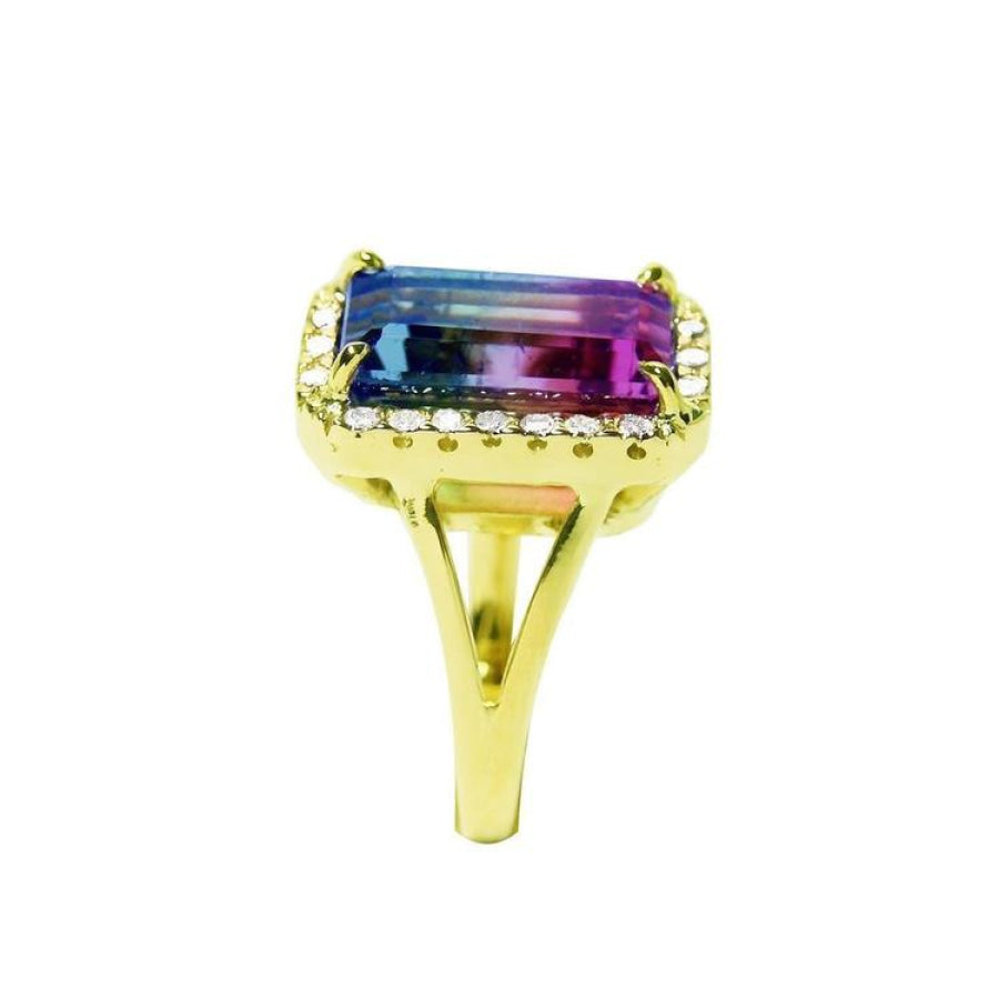 5.60 ct. natural watermelon tourmaline ring for women in 14K gold with diamond halo.