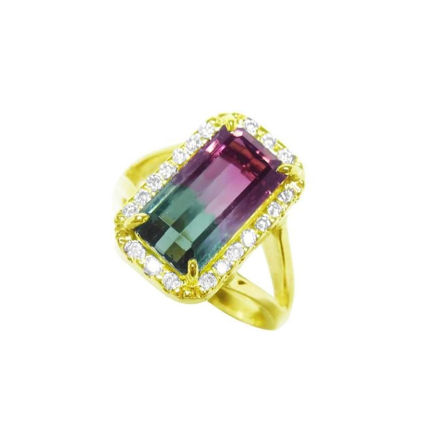 Natural 5.60 ct. watermelon tourmaline ring in 14K gold with a diamond halo.