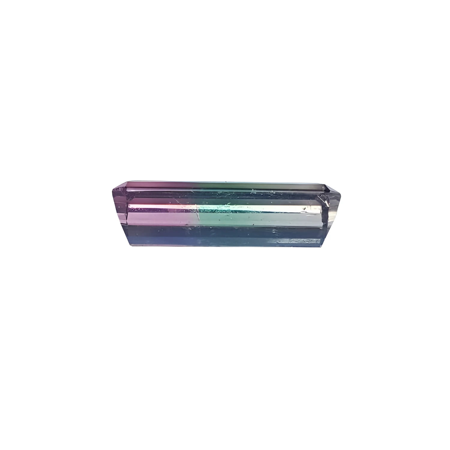 Rectangular elongated bicolor watermelon tourmaline, 5.19 ct, with pink, green, and soft pink hues.