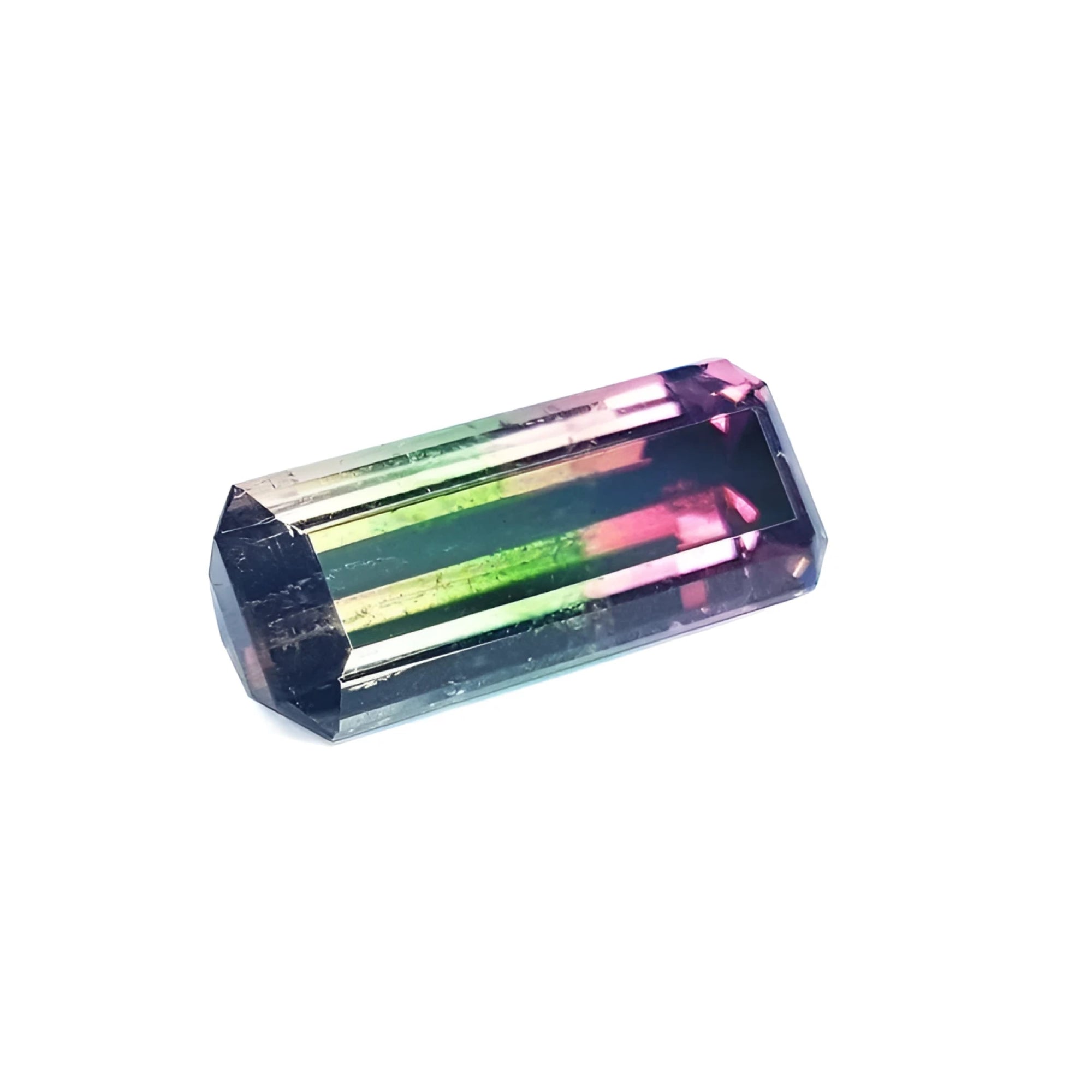Rectangular elongated bicolor watermelon tourmaline, 5.19 ct, with pink, green, and soft pink colors.