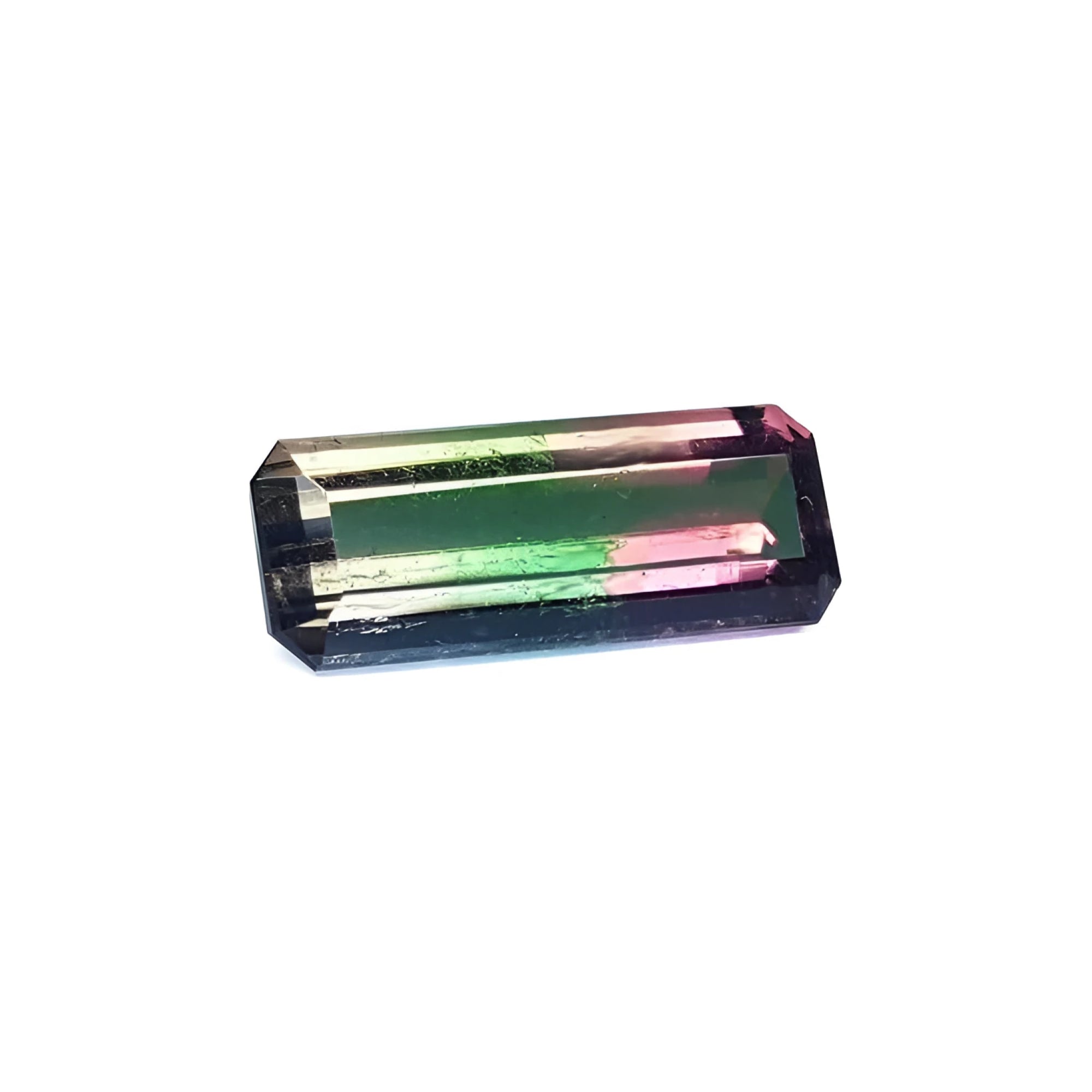 Rectangular elongated bicolor Brazilian watermelon tourmaline, 5.19 ct, with pink, green, and soft pink hues.