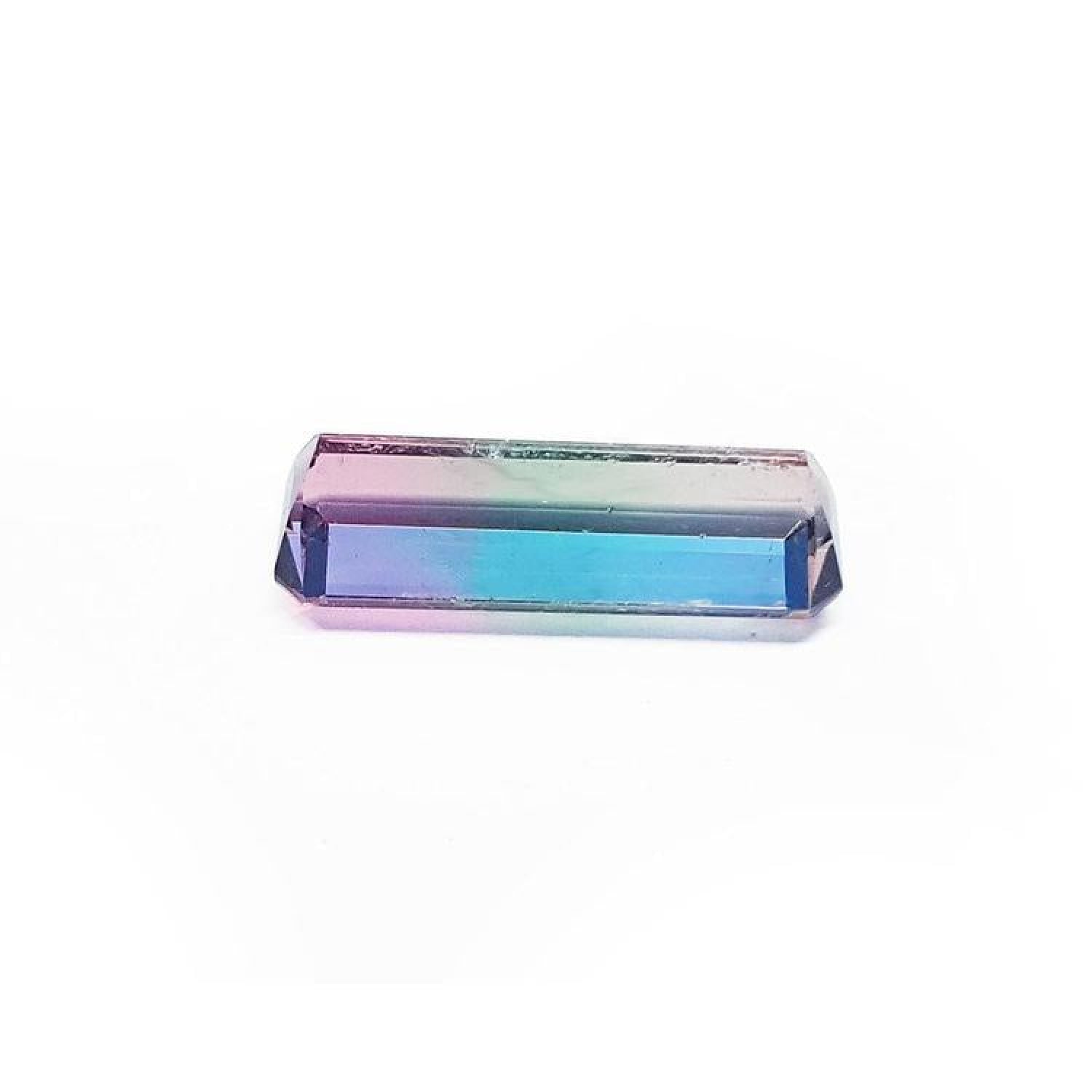Rectangular elongated bicolor Brazilian watermelon tourmaline, 5.19 ct, with pink, green, and soft pink hues.