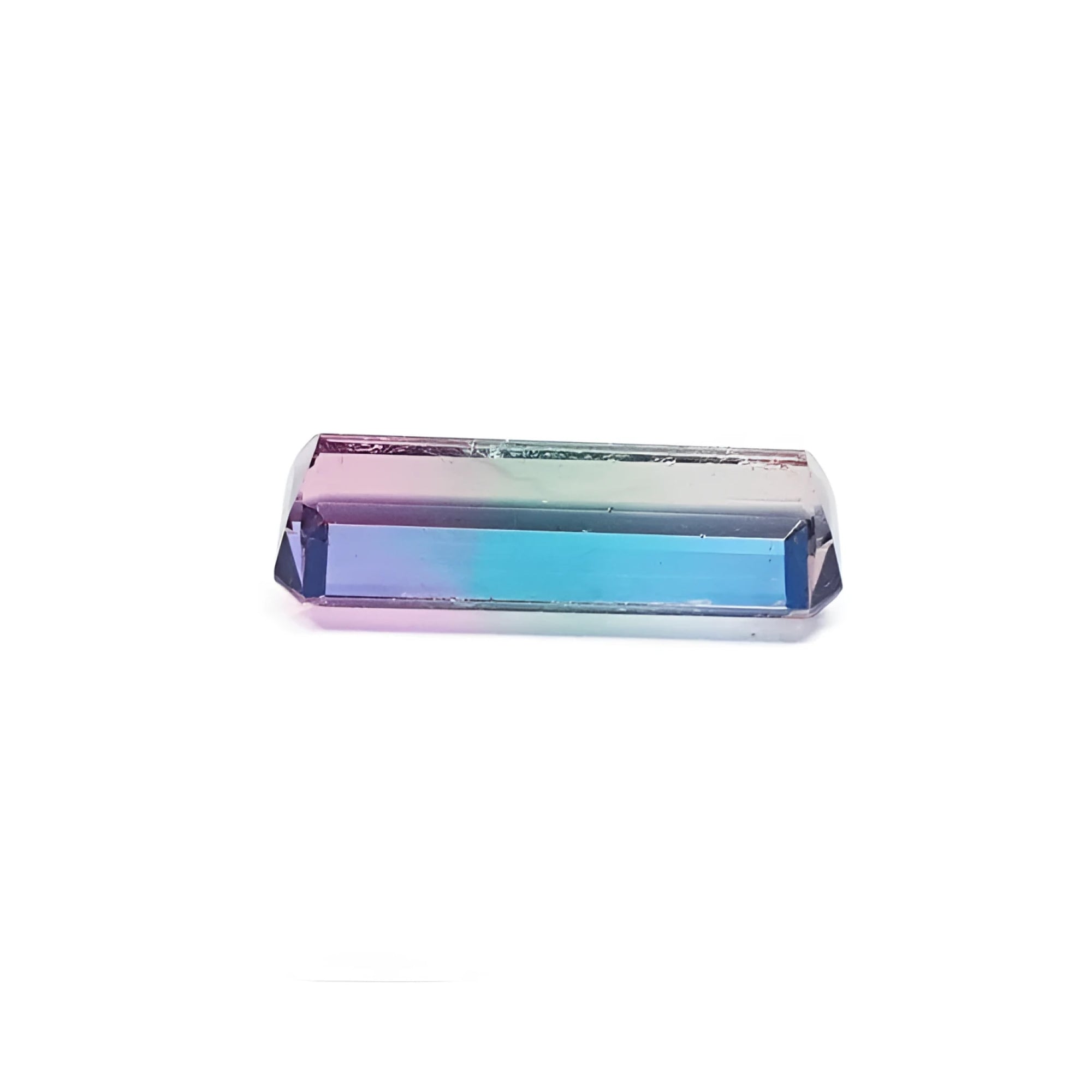 Rectangular elongated bicolor Brazilian watermelon tourmaline, 5.19 ct, with pink, green, and soft pink hues.
