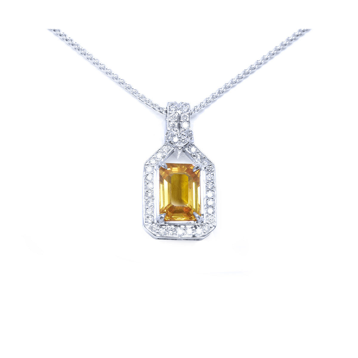 2.42 ct. Natural Yellow Sapphire Pendant Necklace Halo Diamond 18K White Gold
