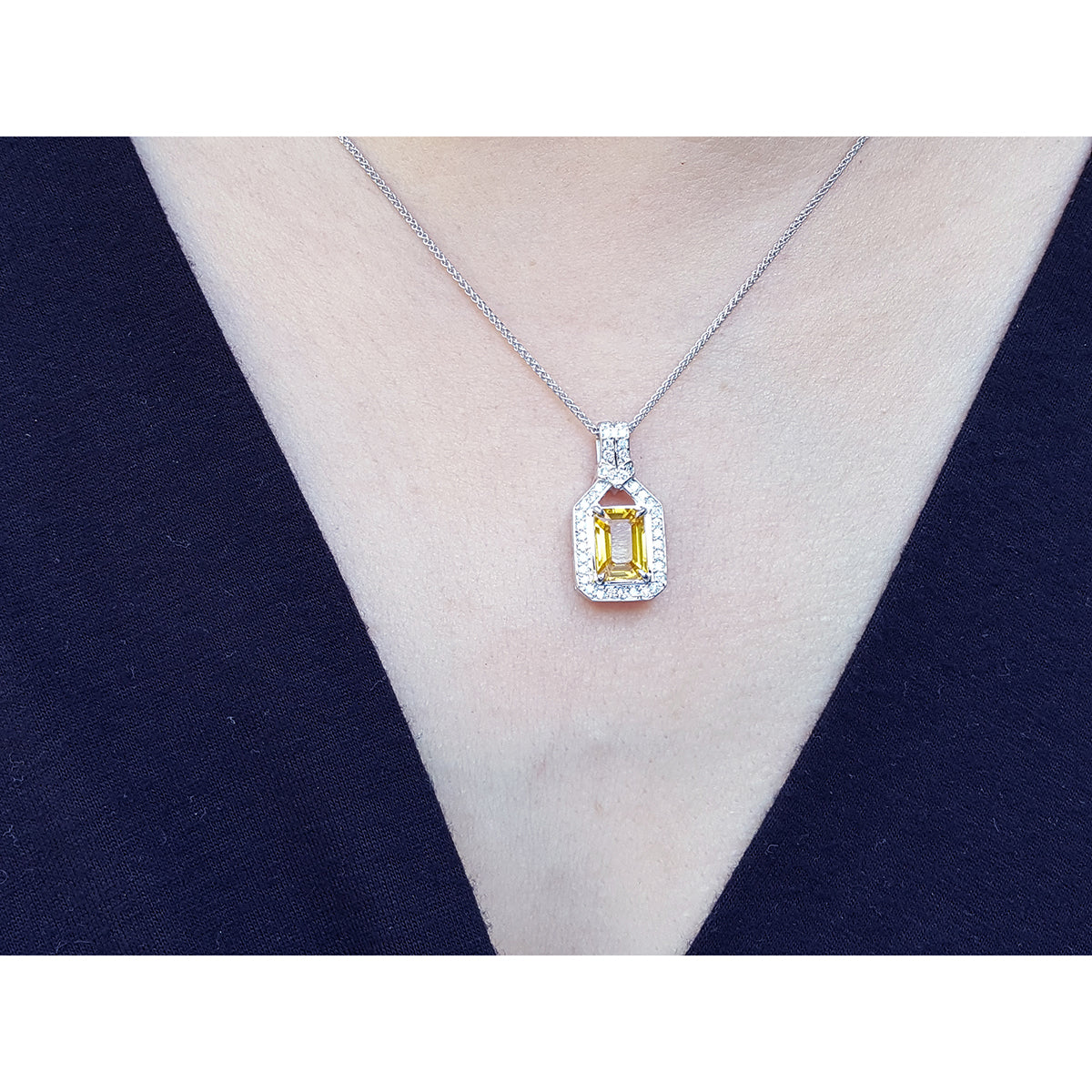 2.42 ct. Natural Yellow Sapphire Pendant Necklace Halo Diamond 18K White Gold