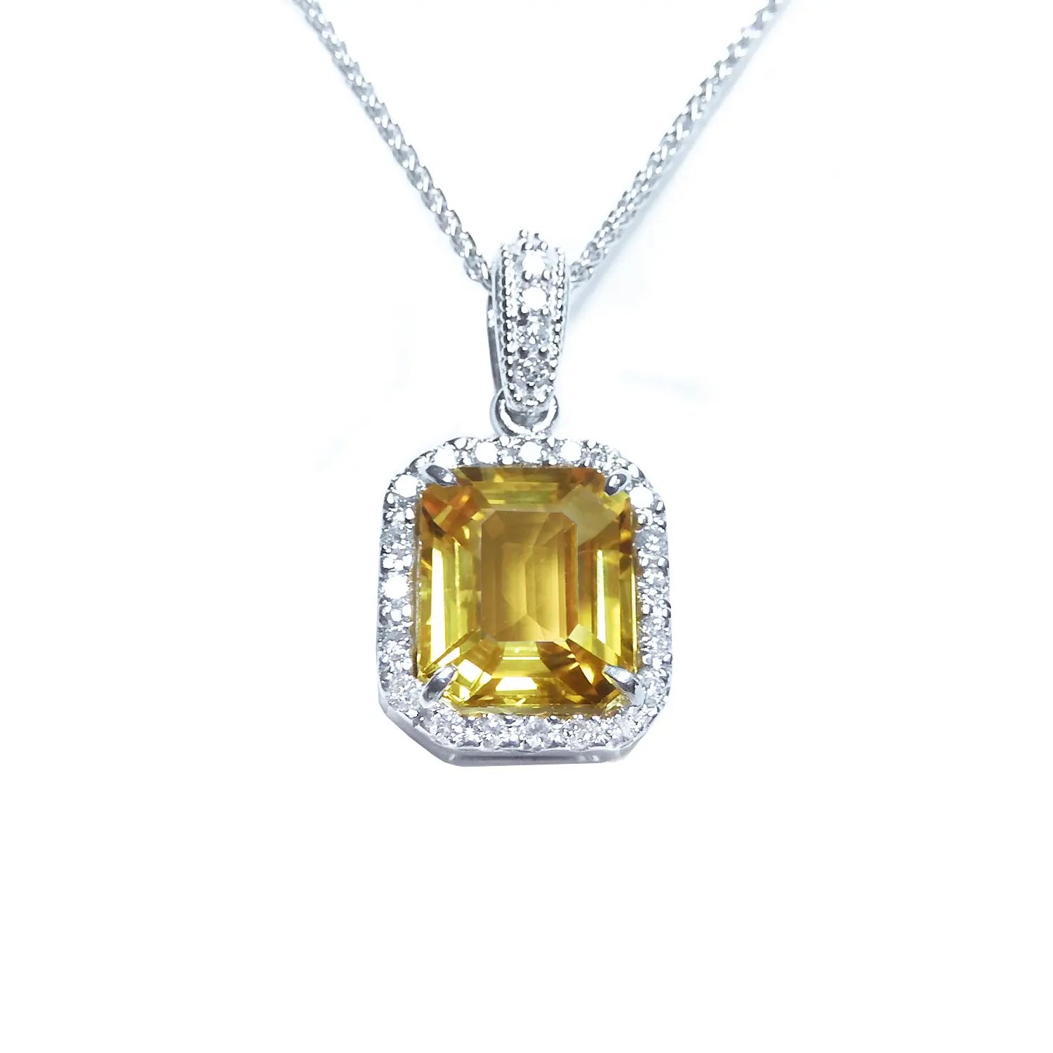 6.01 ct. Genuine Yellow Sapphire Pendant Halo Diamonds Handcrafted in 18K White Gold