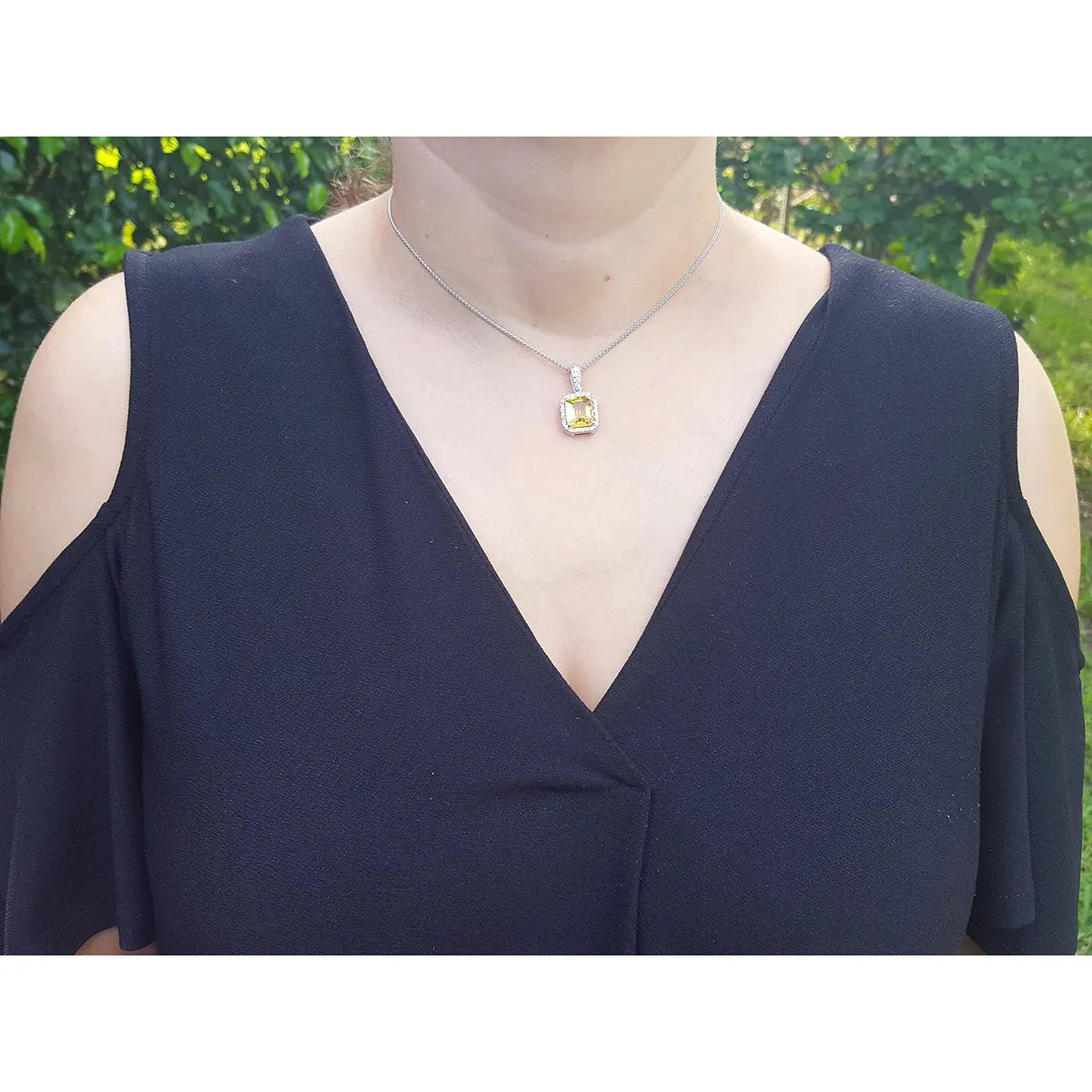6.01 ct. Genuine Yellow Sapphire Pendant Halo Diamonds Handcrafted in 18K White Gold