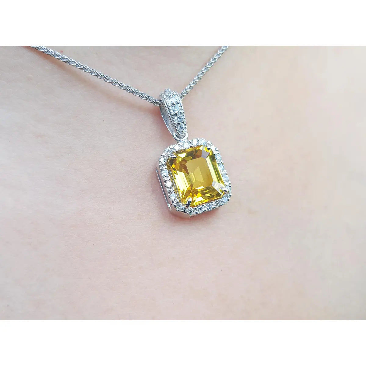 6.01 ct. Genuine Yellow Sapphire Pendant Halo Diamonds Handcrafted in 18K White Gold