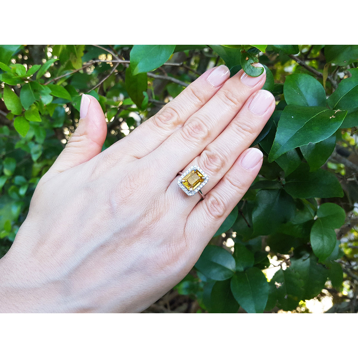 4.59 Carats Yellow Sapphire Engagement Ring Emerald cut Halo Natural Diamonds 14K Gold