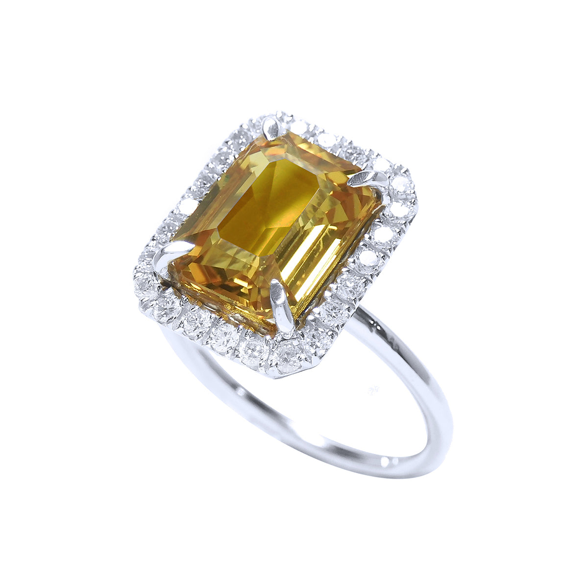 4.59 Carats Yellow Sapphire Engagement Ring Emerald cut Halo Natural Diamonds 14K Gold