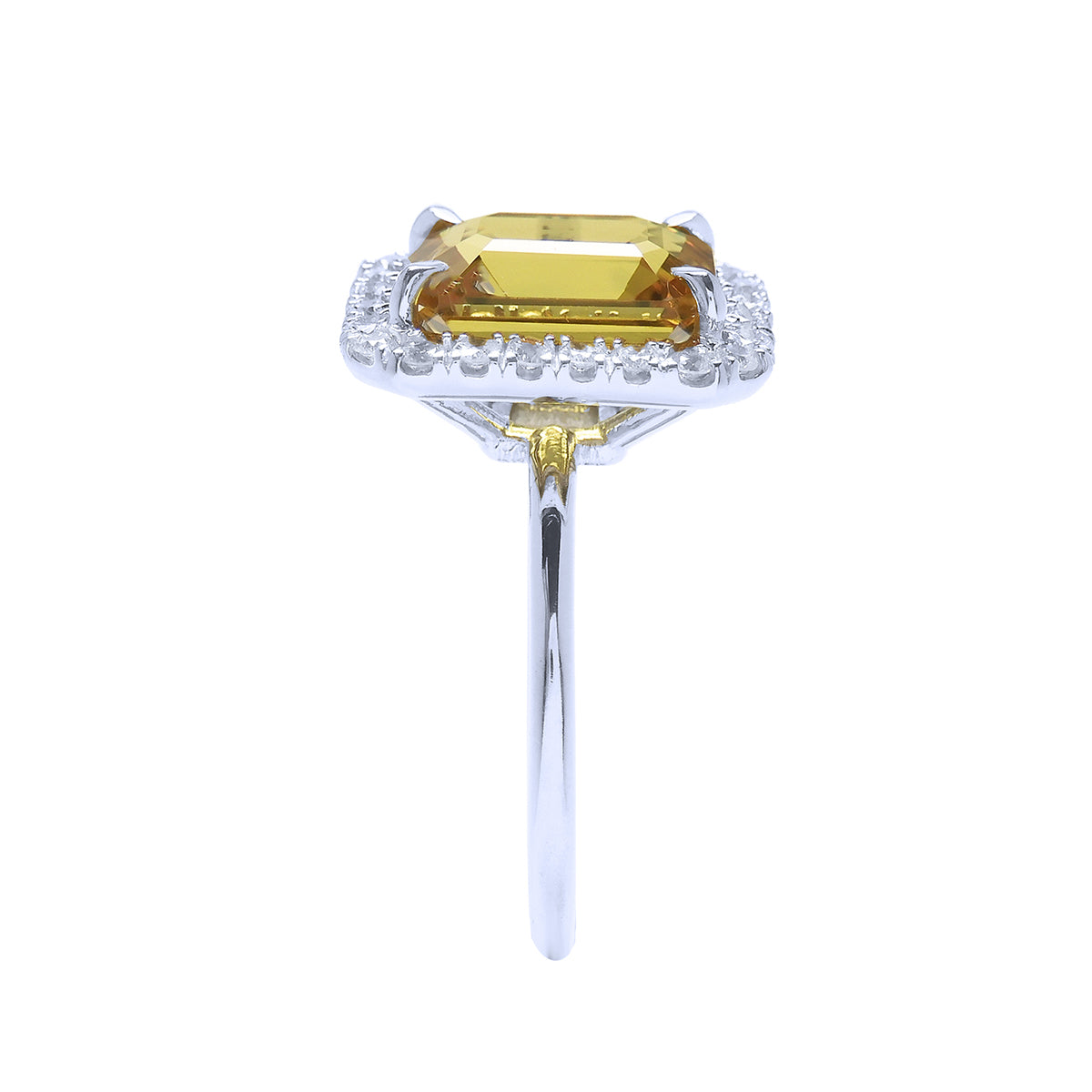 4.59 Carats Yellow Sapphire Engagement Ring Emerald cut Halo Natural Diamonds 14K Gold