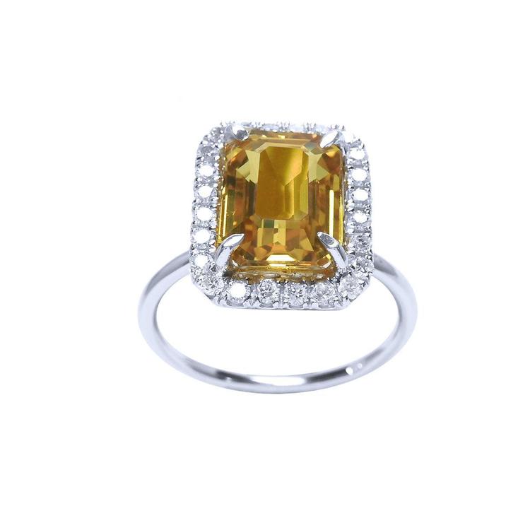 Yellow sapphire ring emerald cut halo natural diamonds 14K white Gold, front position tall top view
