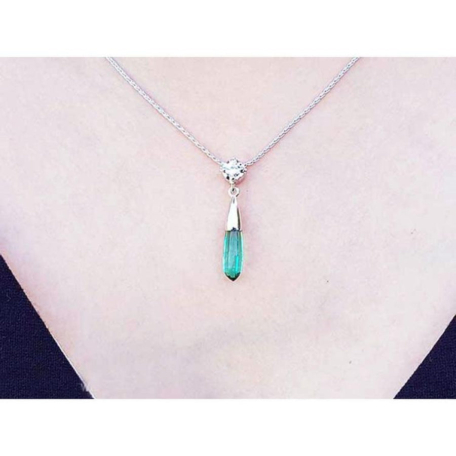 Colombian emerald briolette necklace with a diamond slider on a 14K white gold chain.