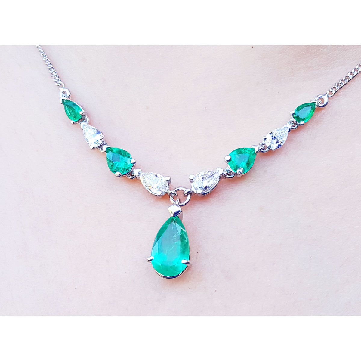 May&#39;s birthstone emerald necklace for women natural diamonds pear shaped linked in 14k white gold
