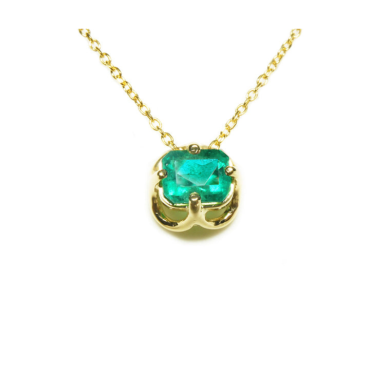 Natural emerald 0.76 carats tulip necklace square emeral-cut from Muzo Colombian mines prong set in 14k yellow gold