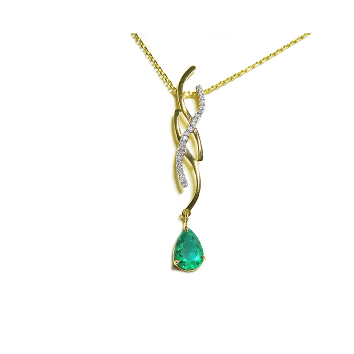 natural emerald necklace a 1.00 carat dangling pear cut emerald 14k yellow gold intertwined diamond design, slider without bail style.