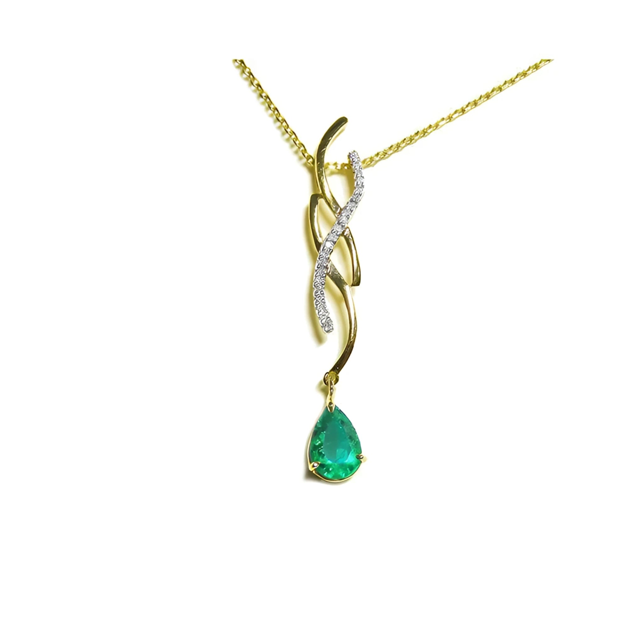 natural emerald necklace a 1.00 carat dangling pear cut emerald 14k yellow gold intertwined diamond design, slider without bail style