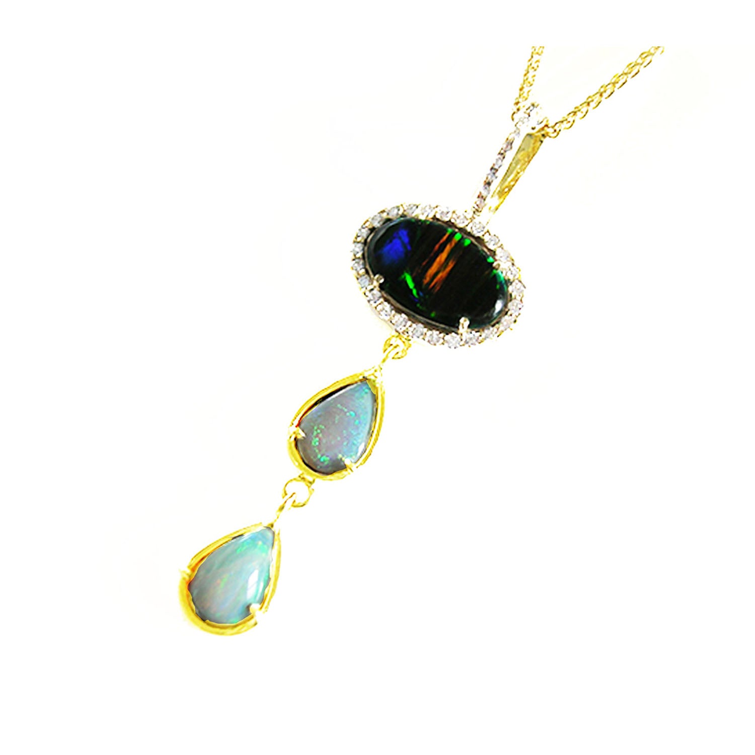 A black and white opal pendant necklace on a left-side view position.