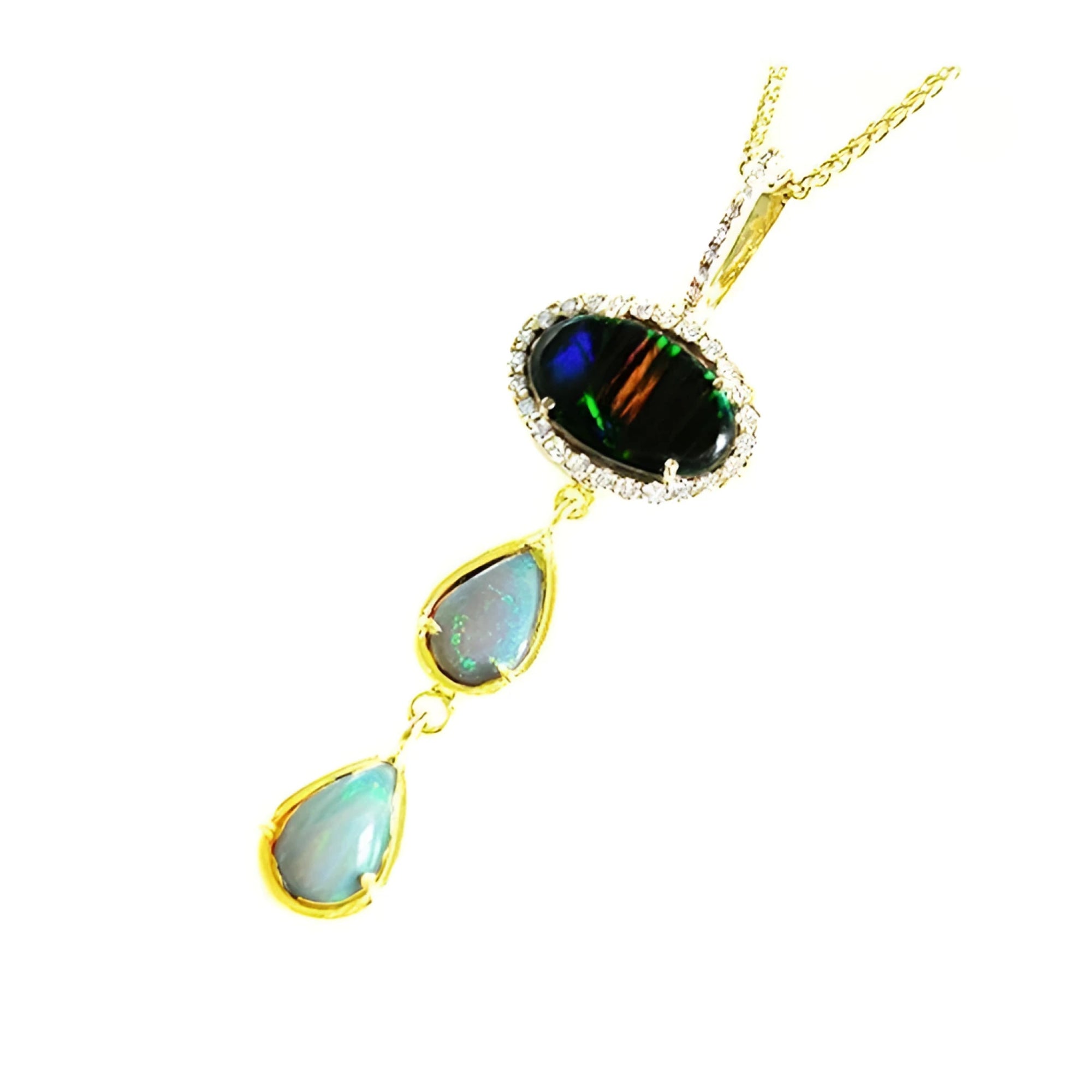 Black and white Australian opal pendant with three opals in 14K yellow gold.