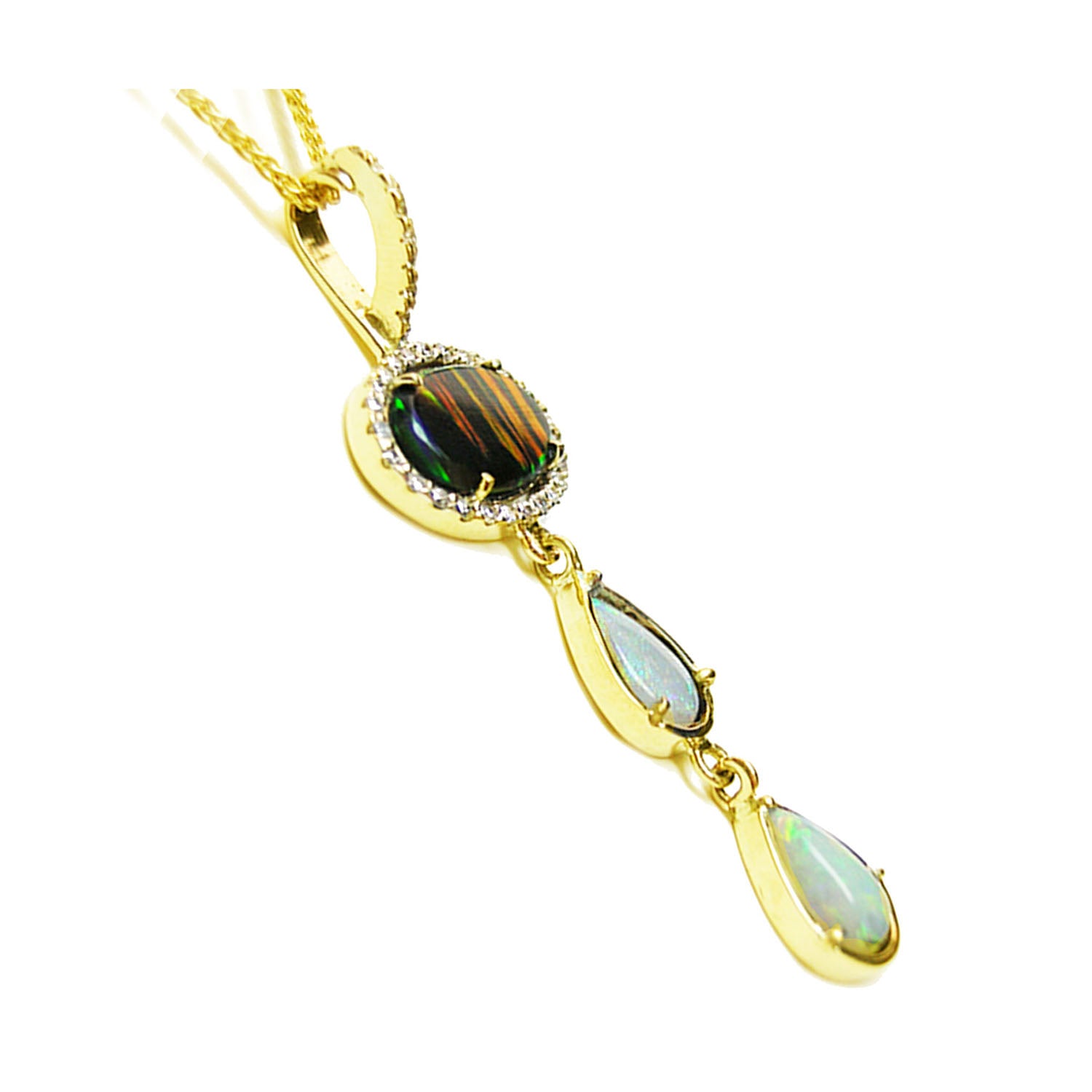 Gold pendant with natural opals gemstones on a white background.