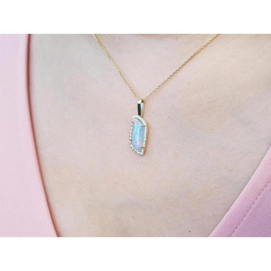 14K yellow gold necklace with a rectangular Australian opal pendant encircled by diamonds.