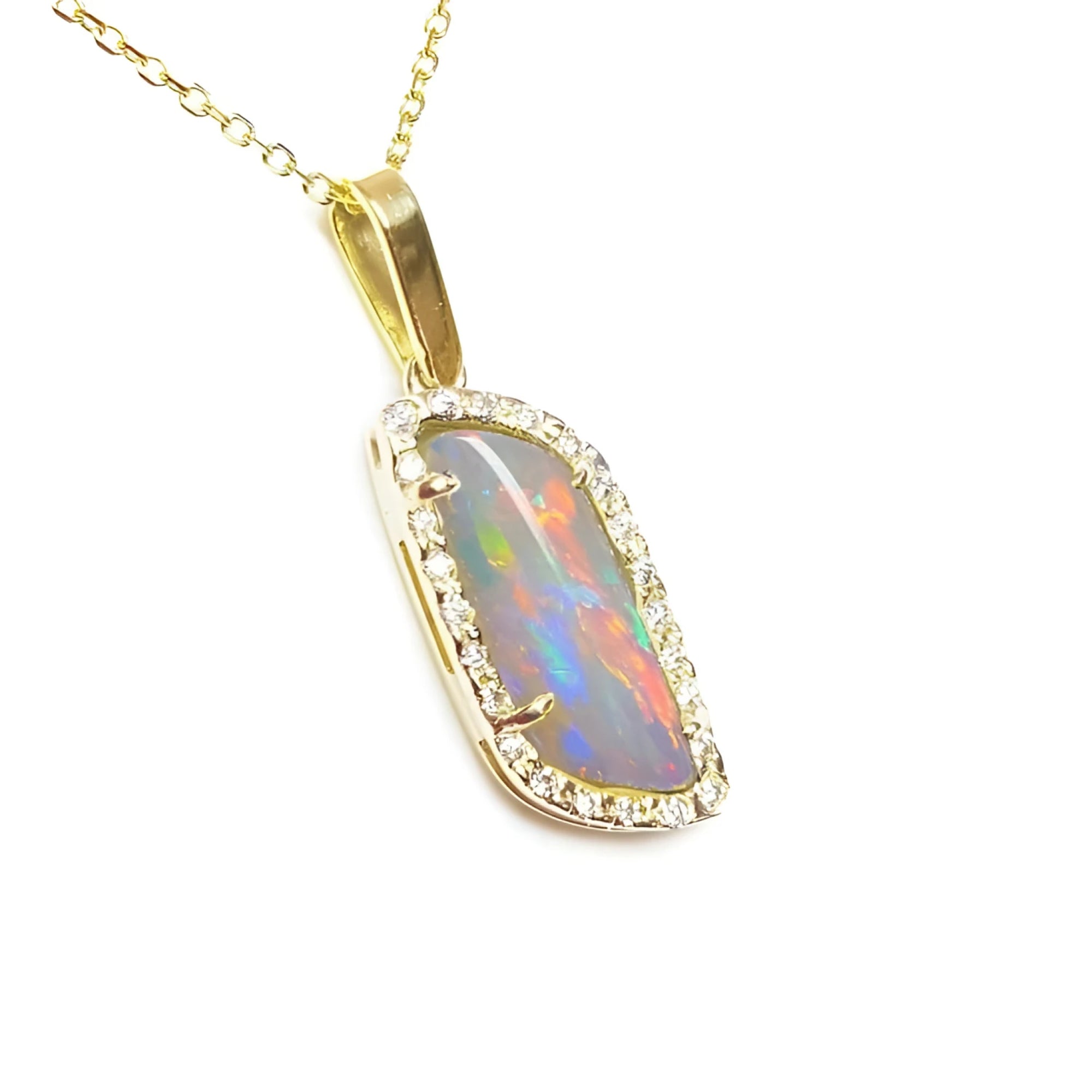 14K yellow gold pendant necklace with a rectangular Australian opal and diamond halo.