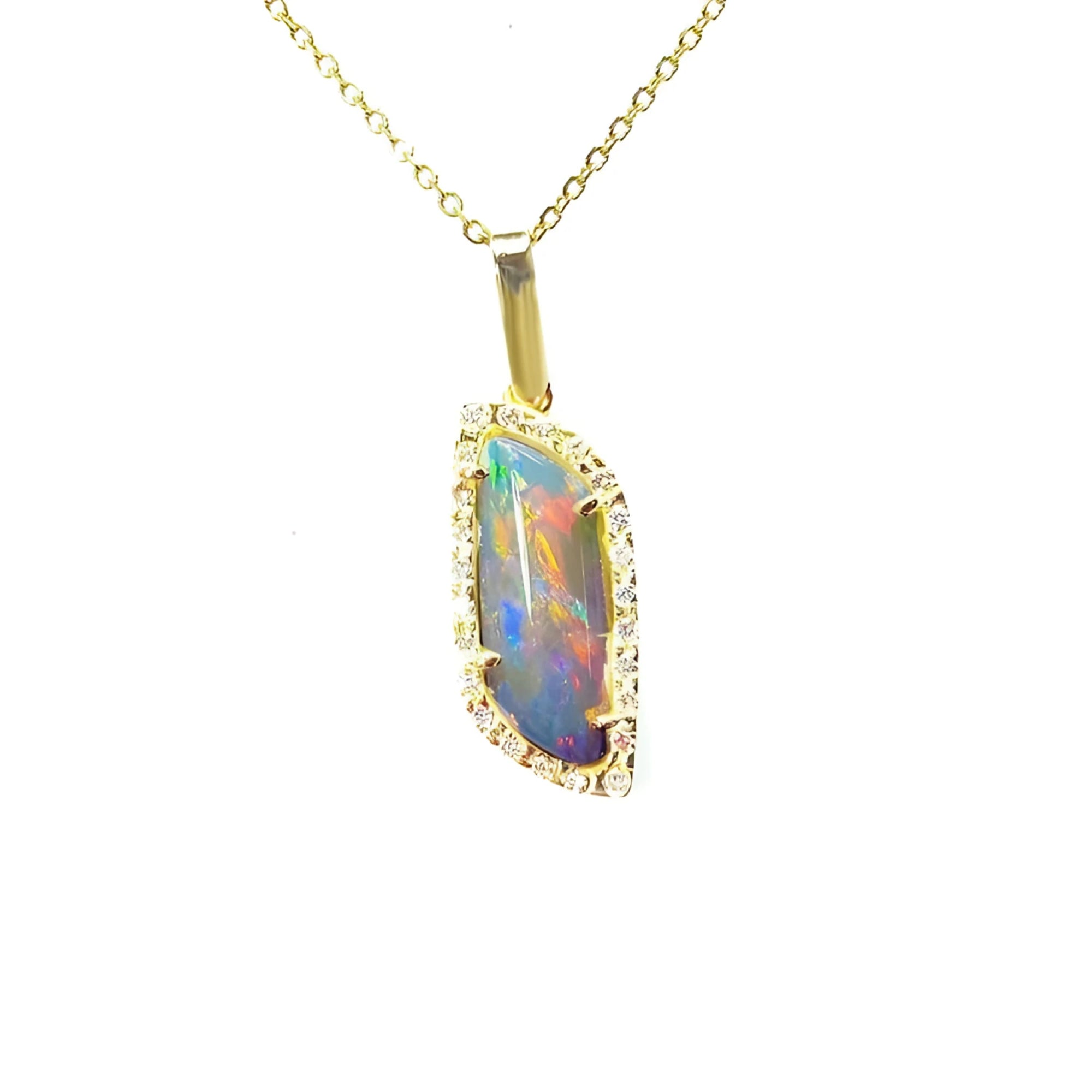 14K yellow gold pendant necklace with a colorful opal and diamond halo.