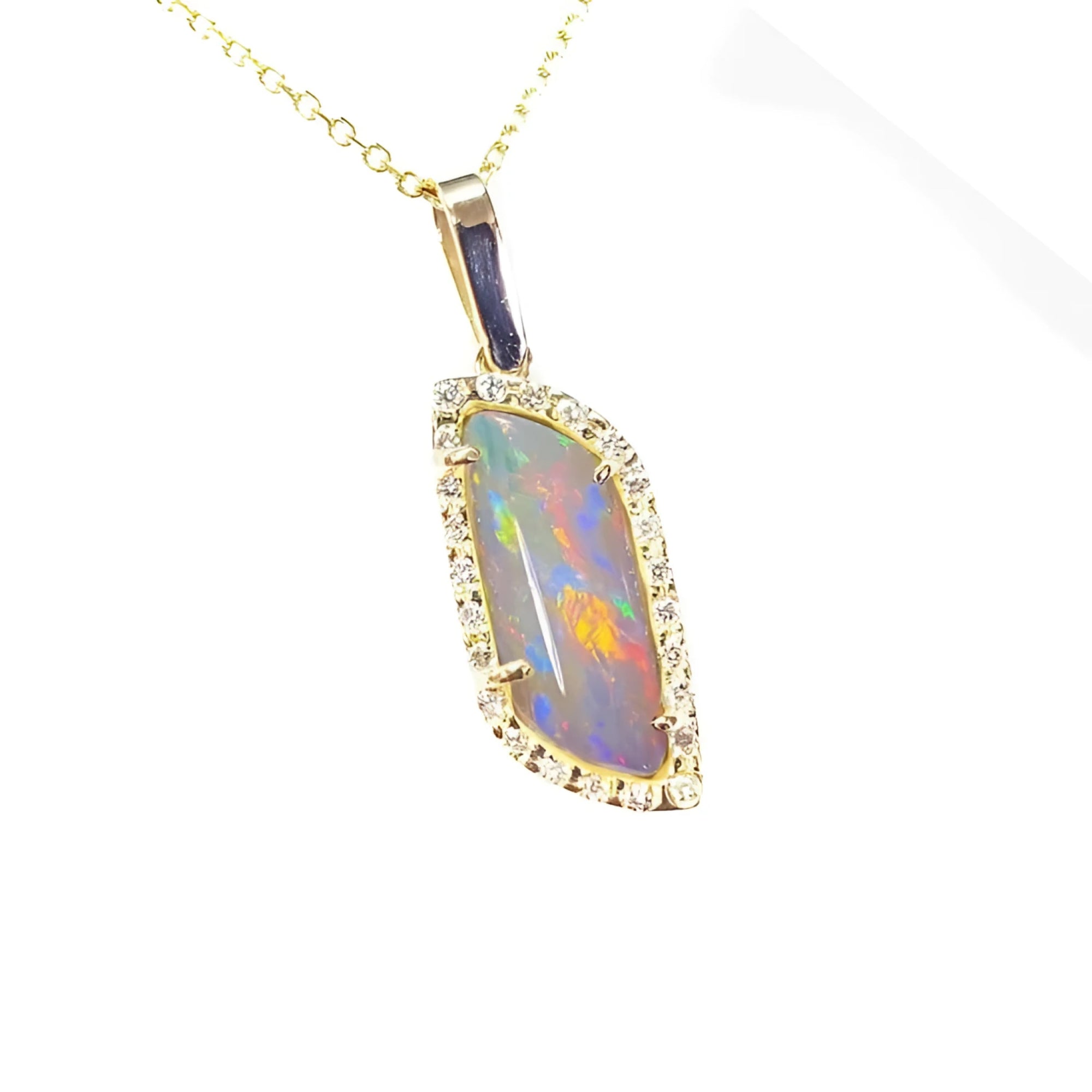 14K yellow gold pendant with a colorful Australian opal and diamond halo on a delicate chain.