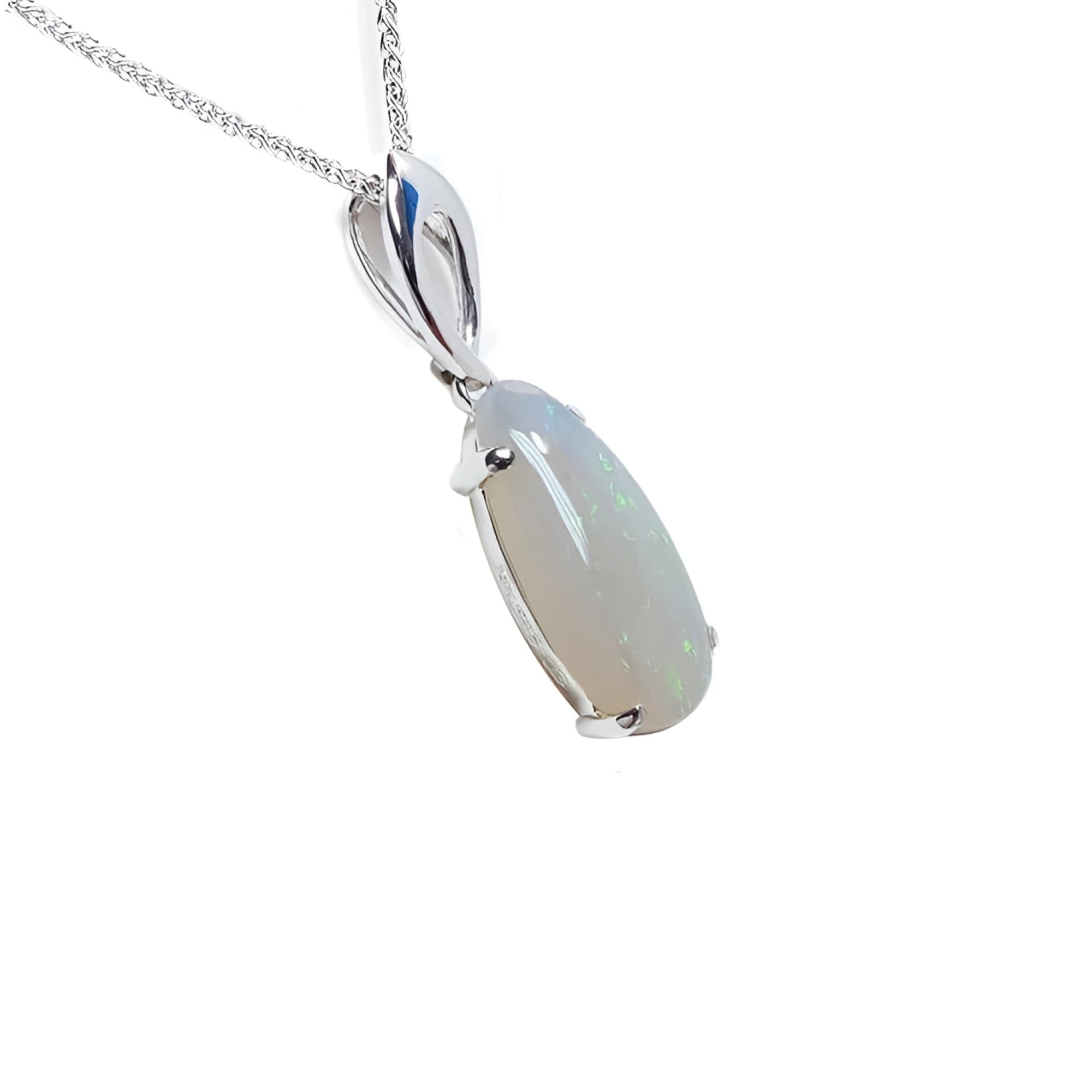 Pear-shaped white opal solitaire pendant with green flashes, set in 14K white gold on a chain.