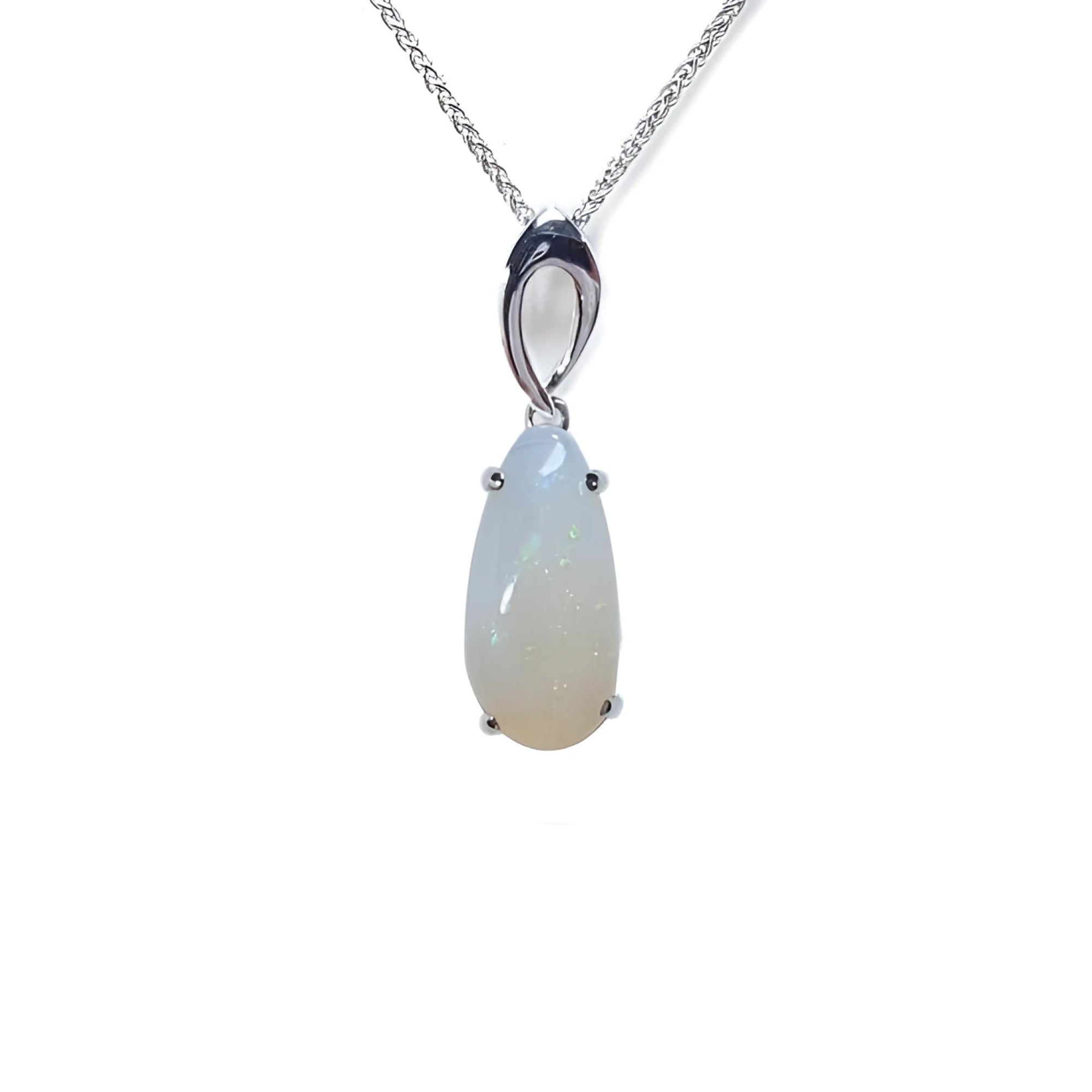 Pear-shaped white opal solitaire pendant in 14K white gold on a delicate chain.
