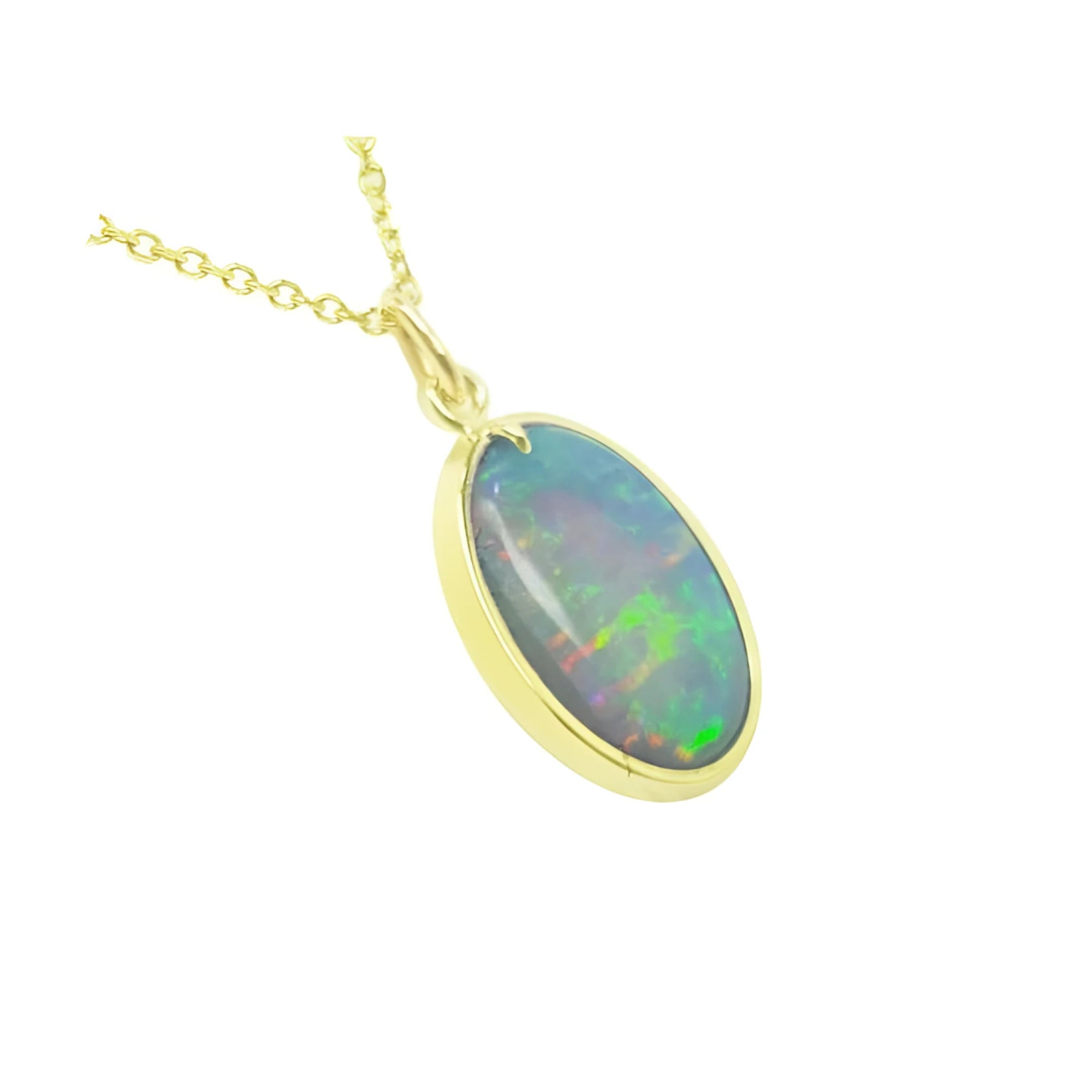 Oval-cut 3.41 ct Australian opal pendant with green-bluish rainbow play, set in 14K yellow gold.