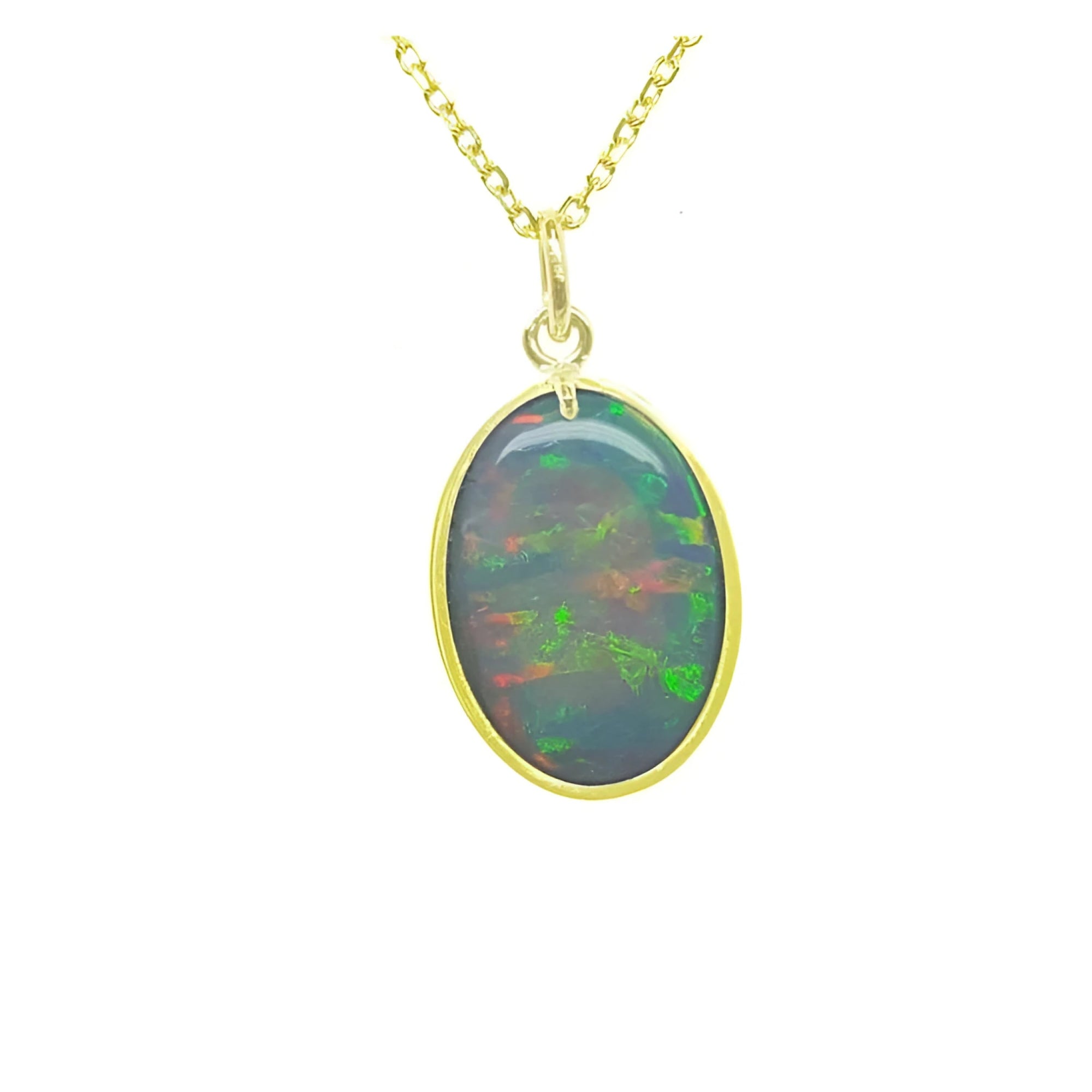 Oval Australian opal pendant with green-bluish rainbow play, set in 14K yellow gold.