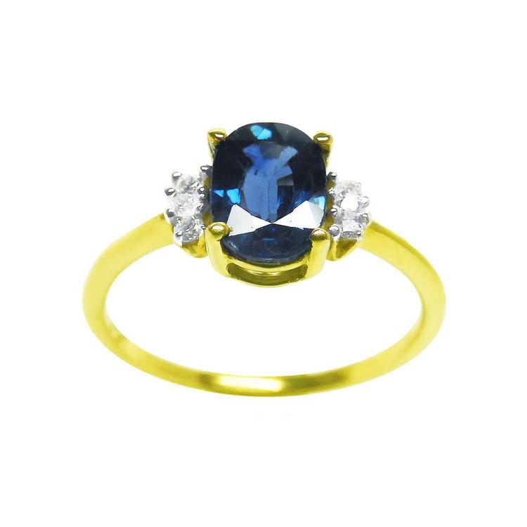 14k yellow gold women's blue sapphire ring 0.87 ct. oval cut, front side top full view