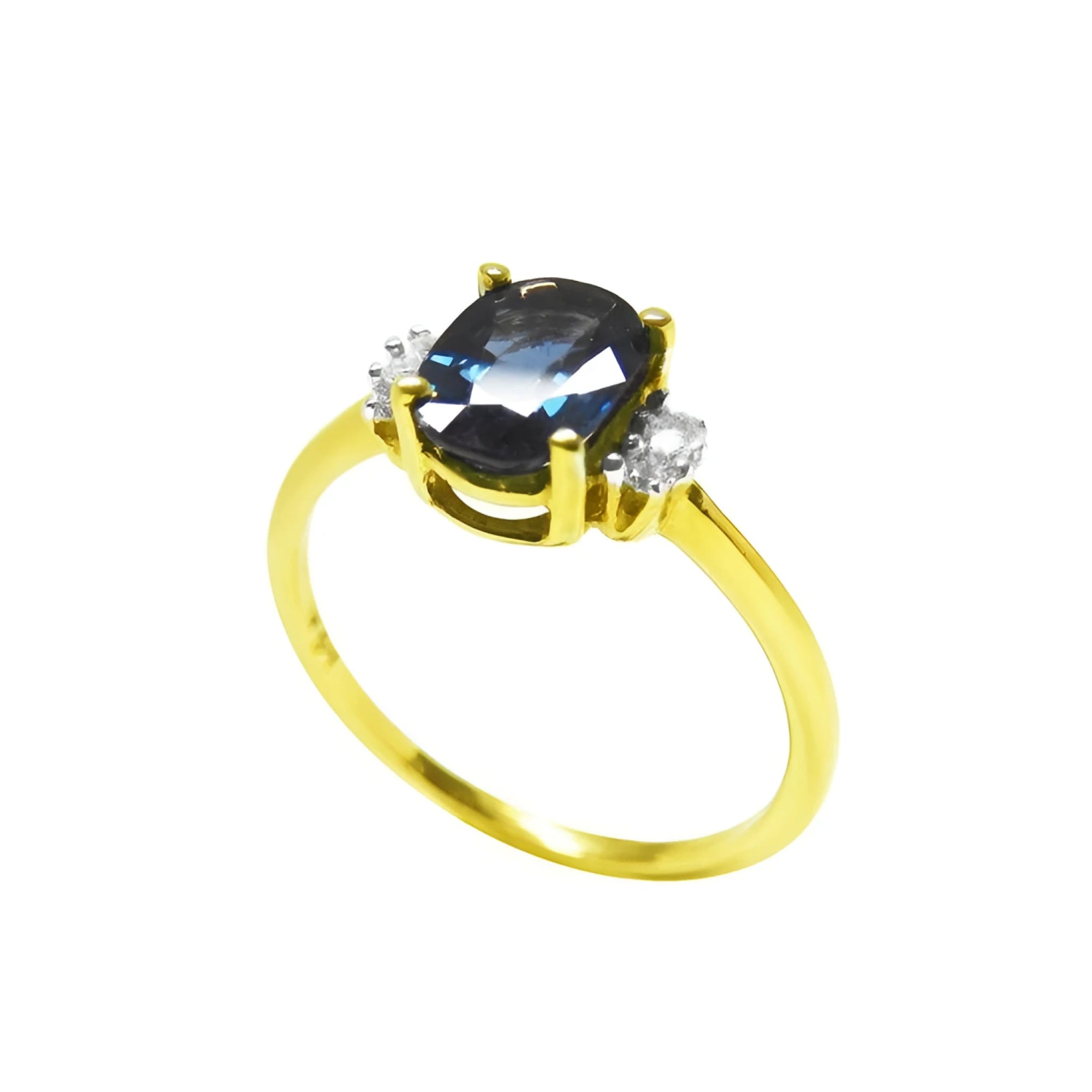 14K yellow gold ring with a 0.87 ct. oval blue sapphire and two natural diamonds on each side.