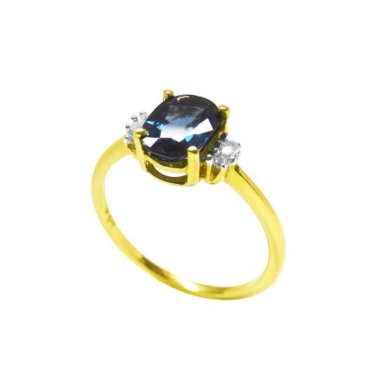 14k yellow gold women's blue sapphire ring 0.87 ct. oval cut, half lateral side top and shank view
