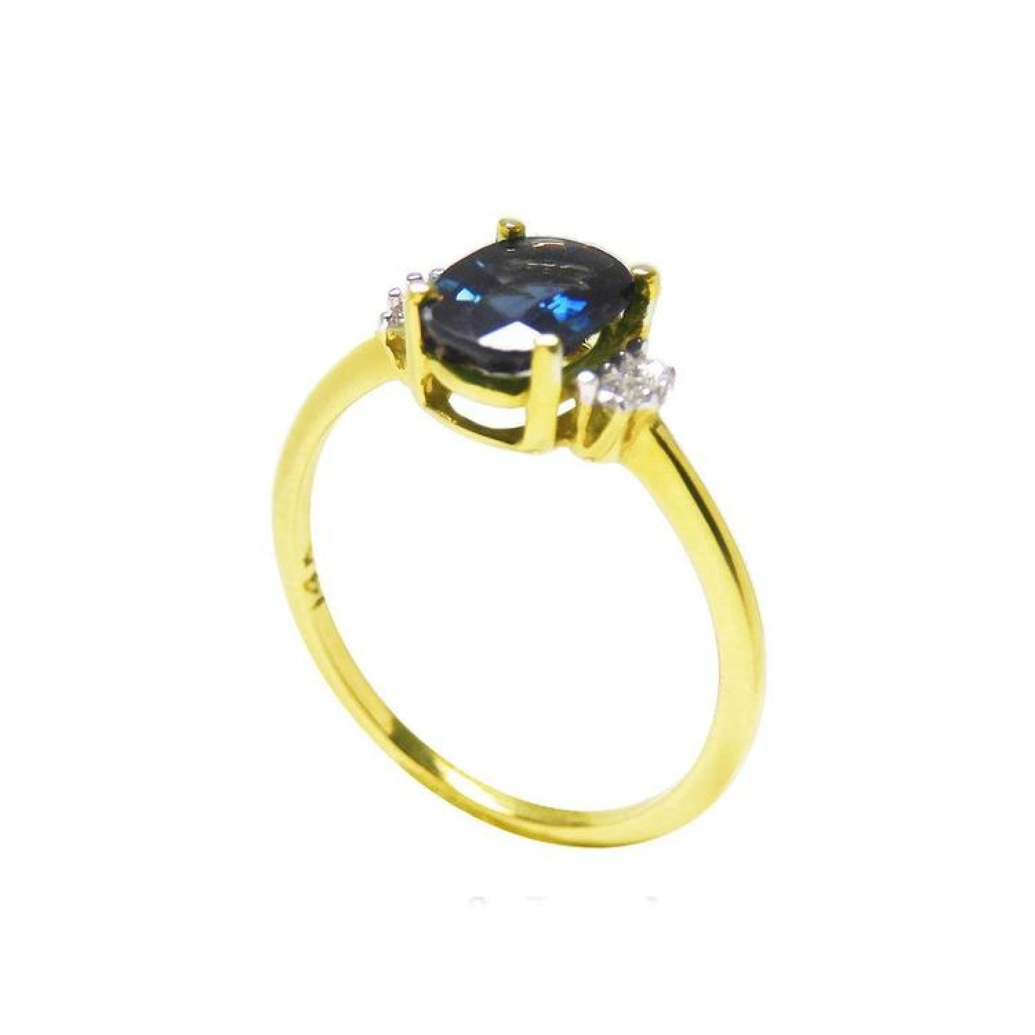 14K yellow gold ring with a vibrant oval blue sapphire and two natural diamonds on each side.