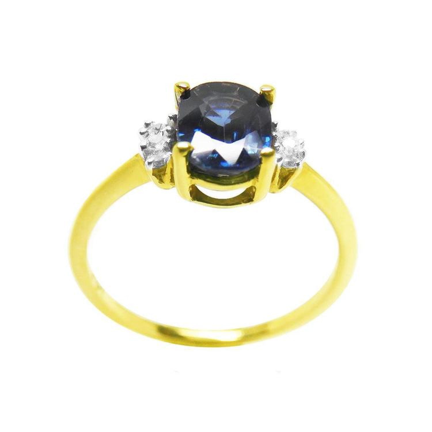 14K yellow gold women's ring with oval blue sapphire and two side diamonds.