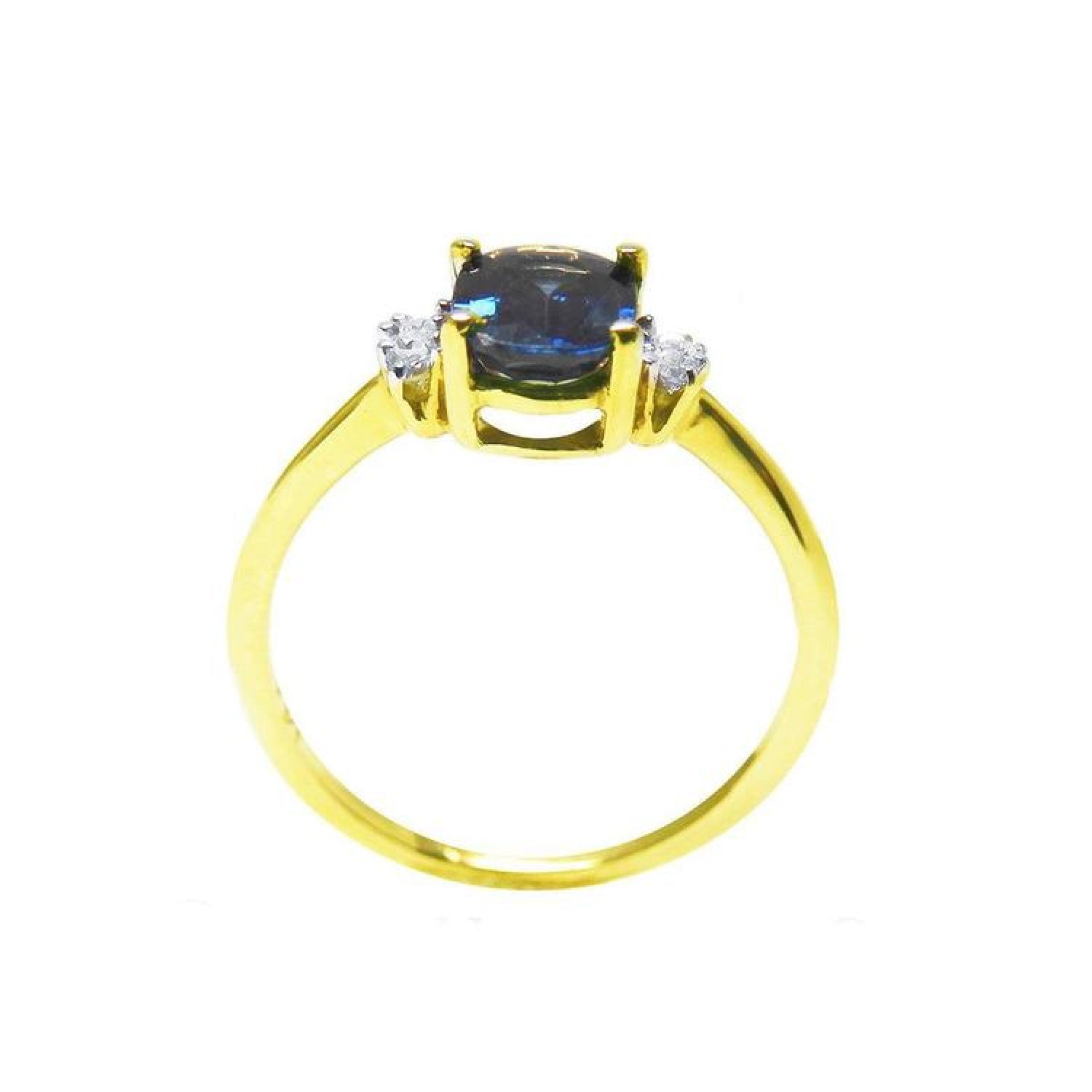 14K yellow gold ring with a vibrant oval blue sapphire and two natural diamonds on each side.