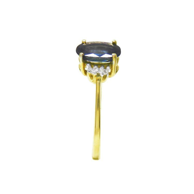 14k yellow gold women's blue sapphire ring 0.87 ct. oval cut, side top shoulder and shank perspective