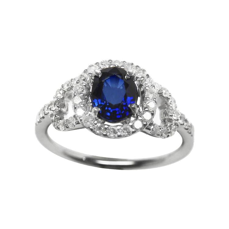 Blue sapphire ring for women September's birthstone Halo Diamonds 14K White Gold, front position top full view