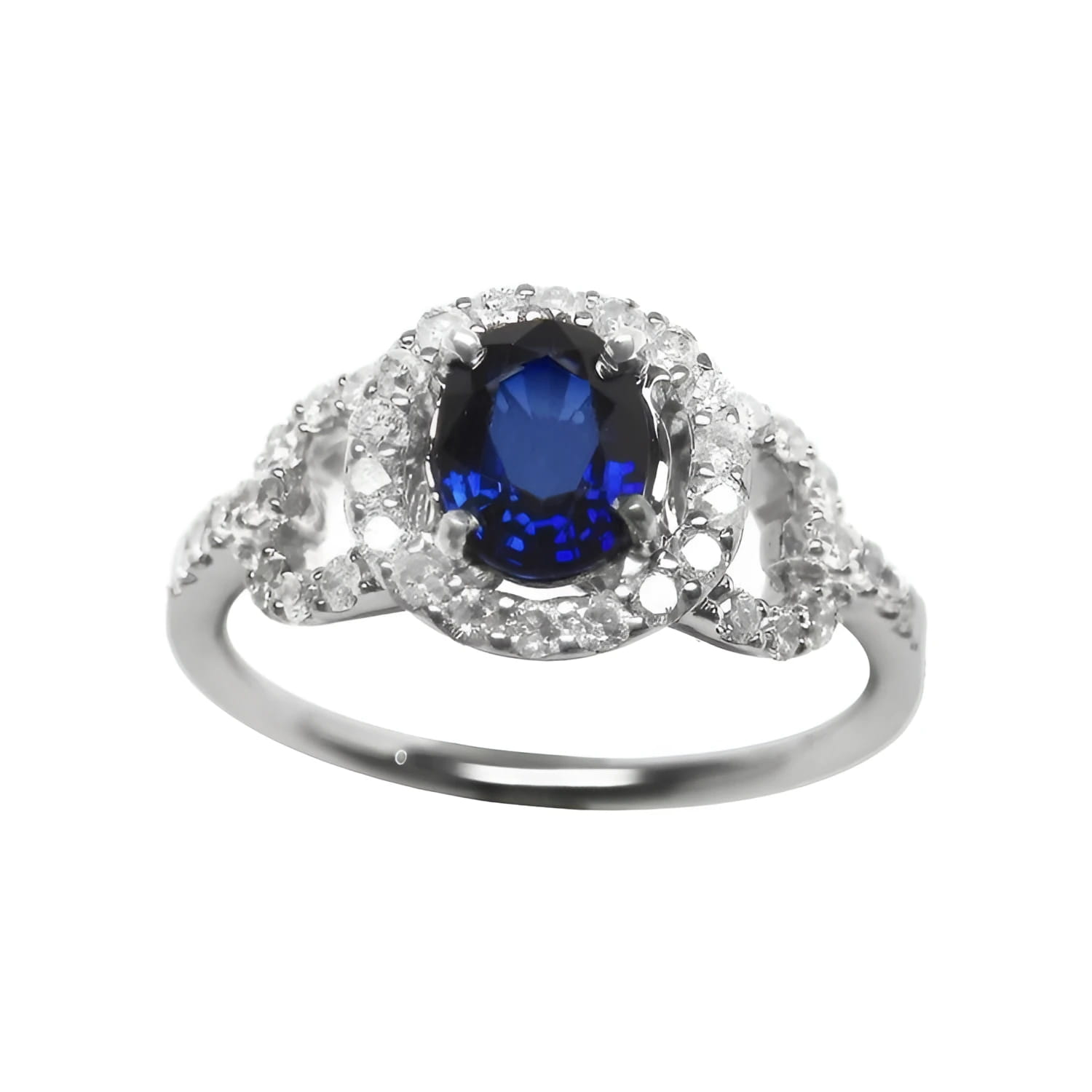 Blue sapphire ring for women September's birthstone Halo Diamonds 14K White Gold.
